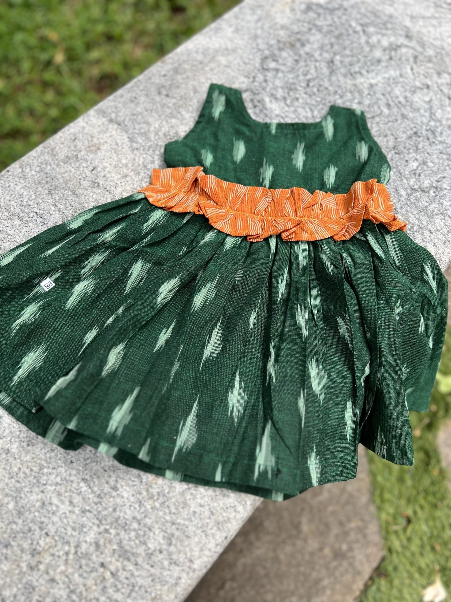 Green Ikkat Dress with Orange Ruffles