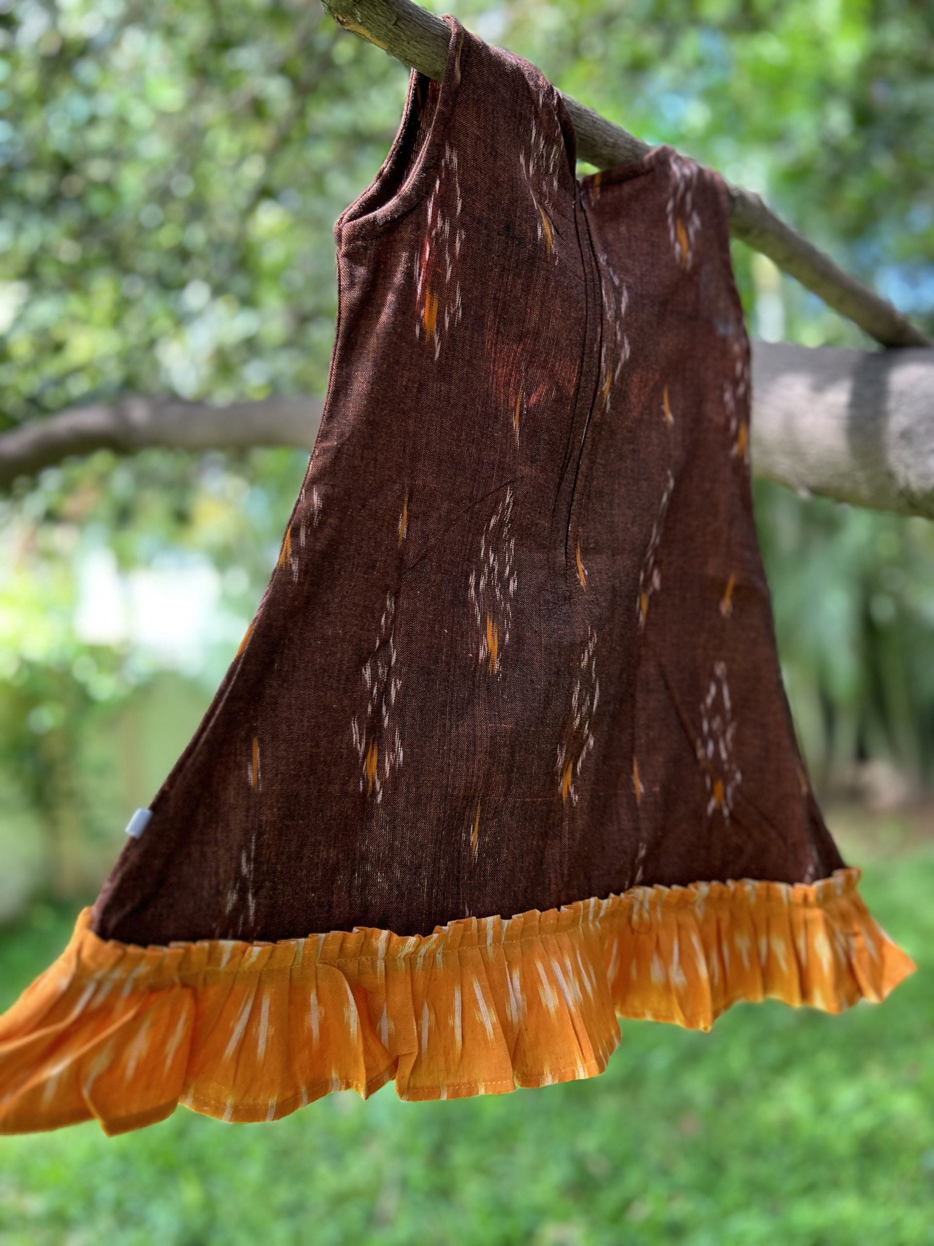 Ikkat Brown Dress with Yellow Ruffles