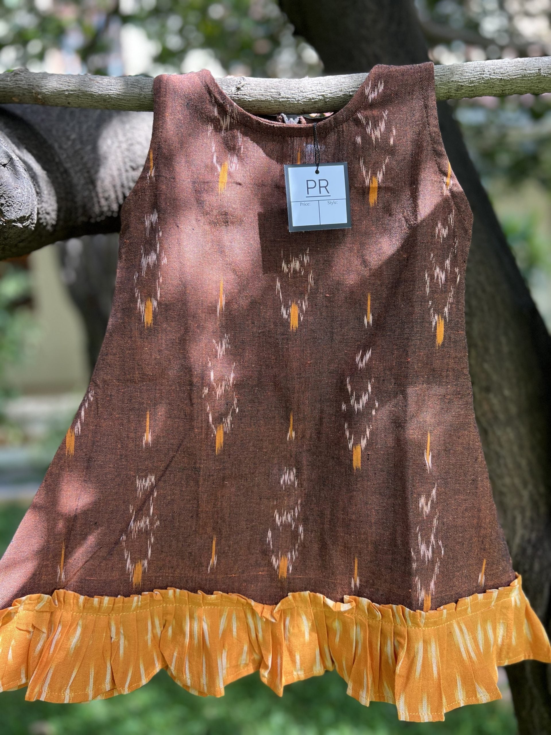Ikkat Brown Dress with Yellow Ruffles