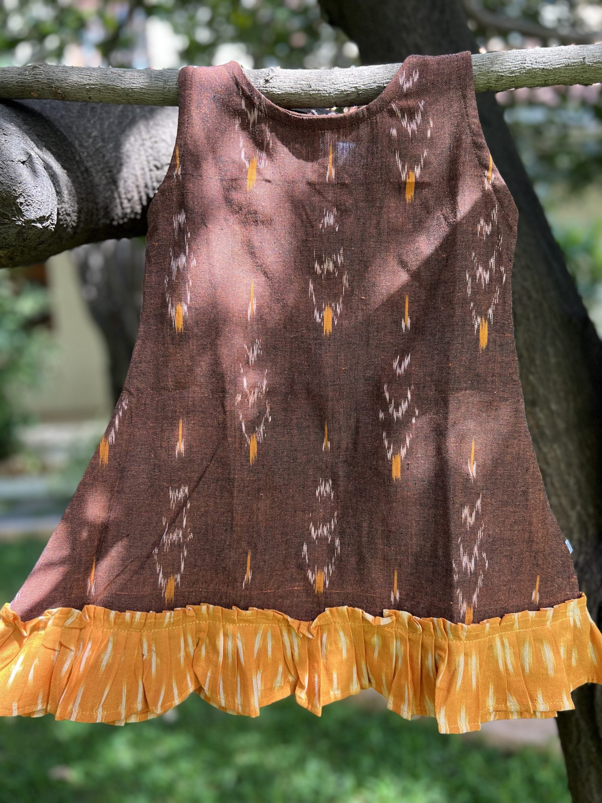 Ikkat Brown Dress with Yellow Ruffles