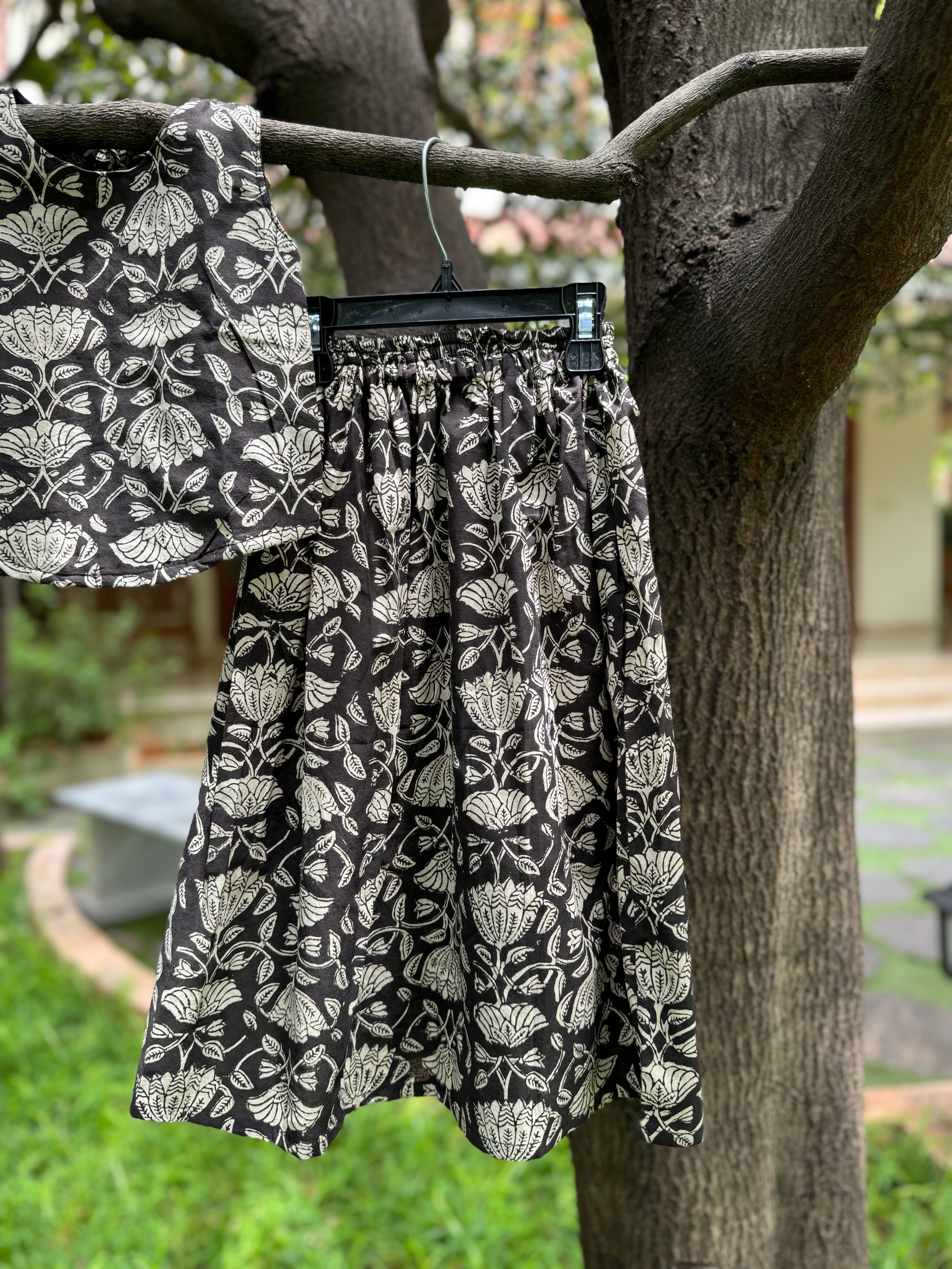 Black & Black Floral Full Skirt Set