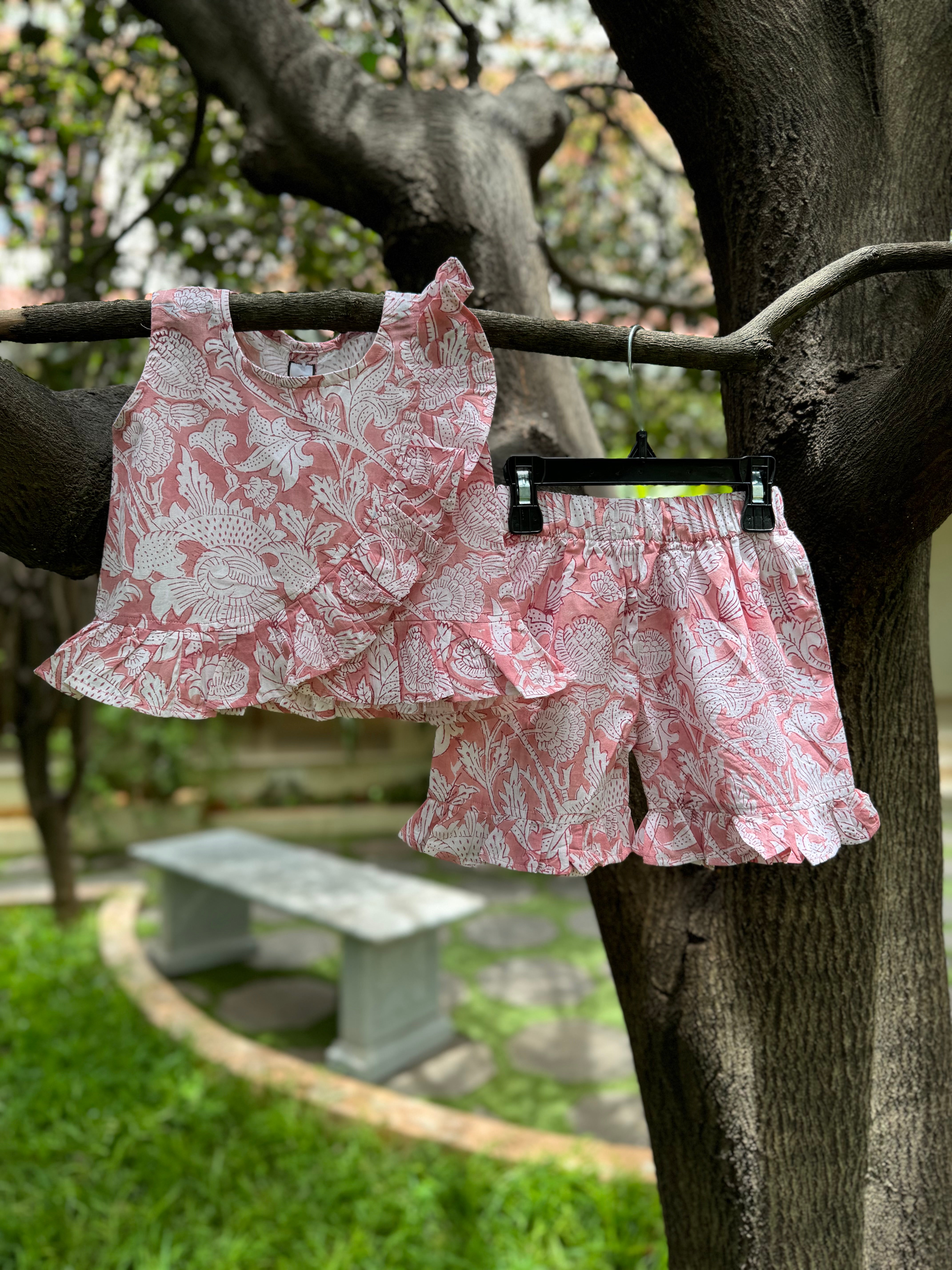 Pink & White Ruffled Top and Shorts Set