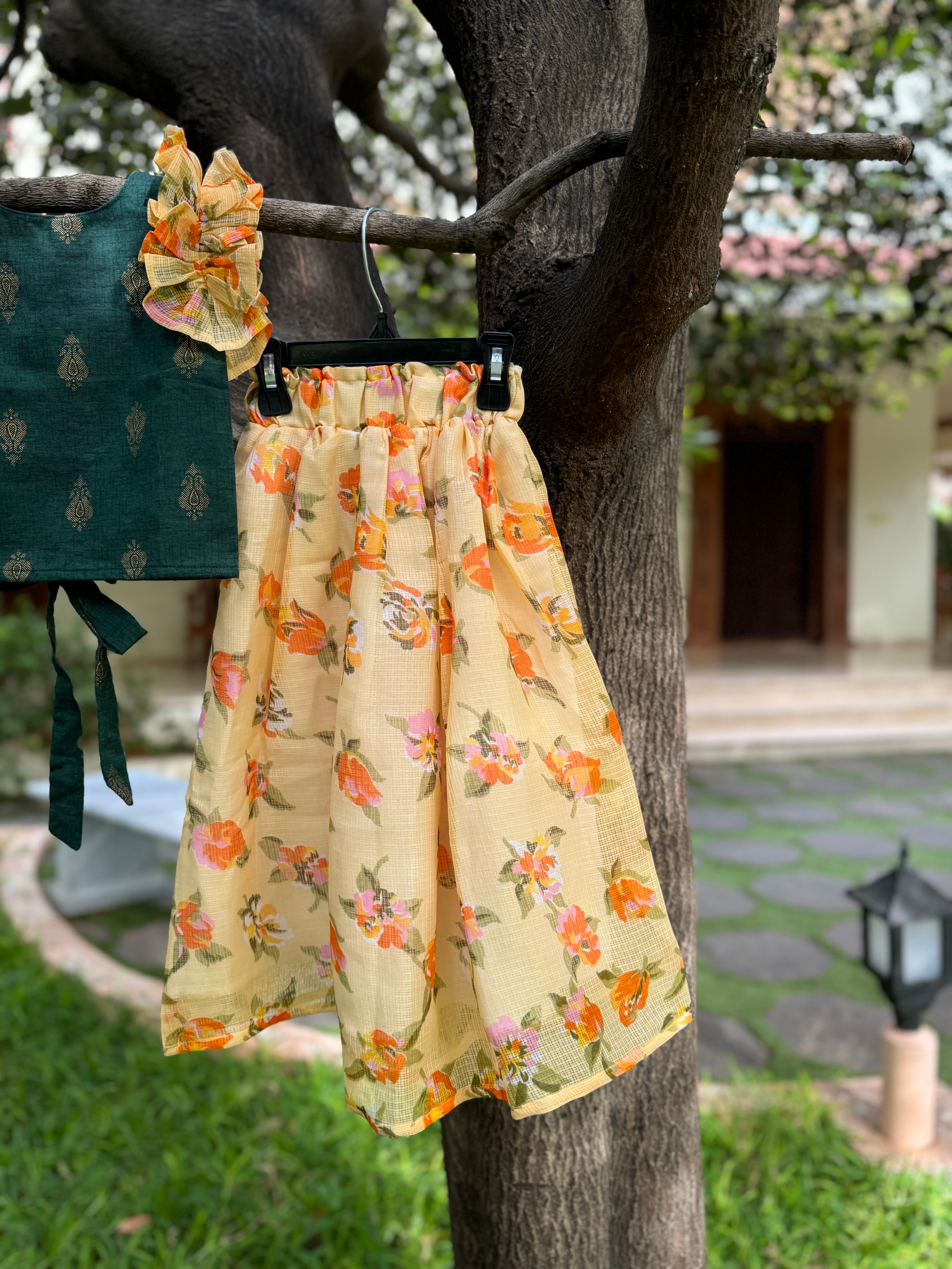 Bottle Green Top & Yellow Floral Full Skirt