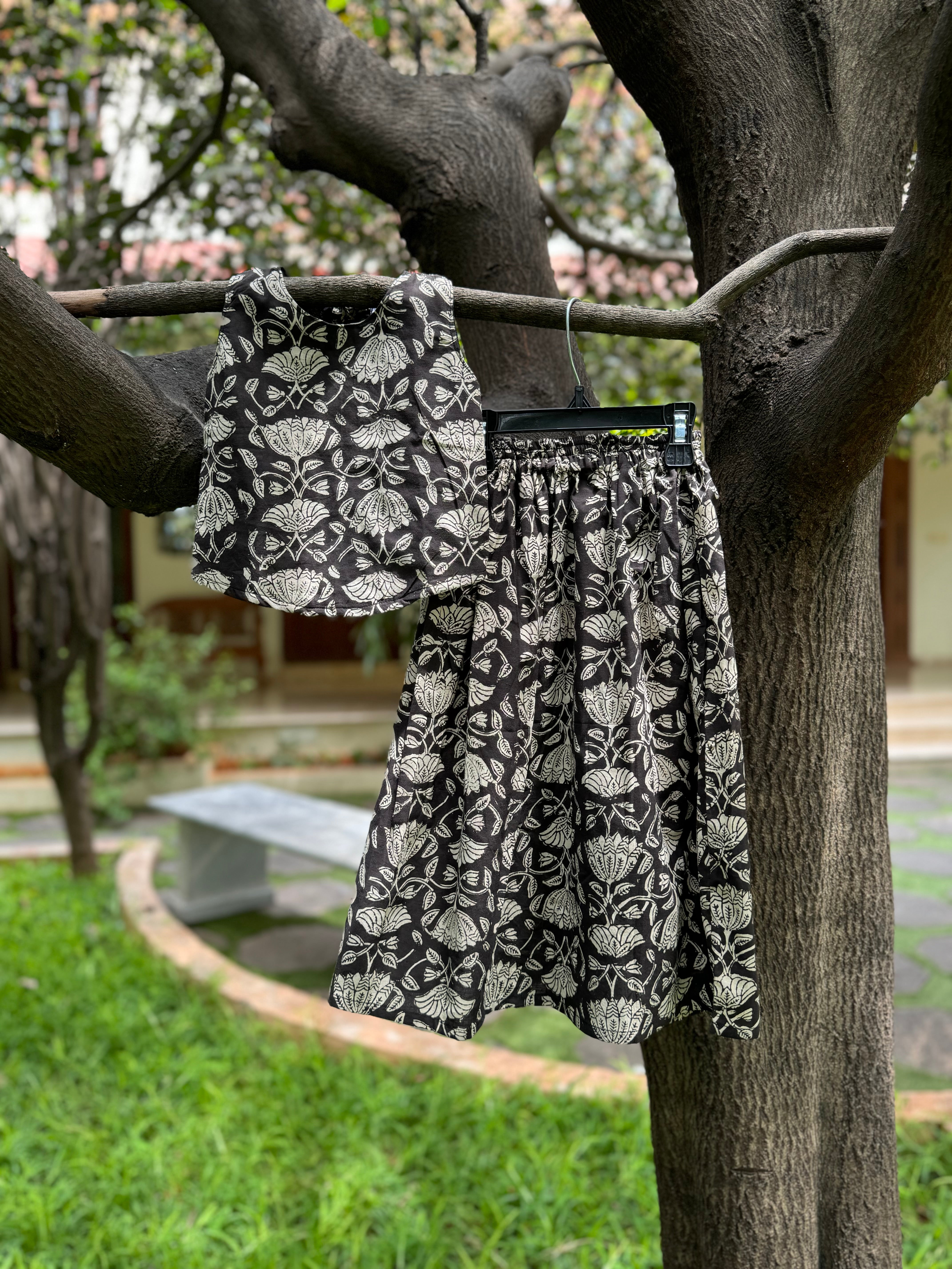 Black & Black Floral Full Skirt Set