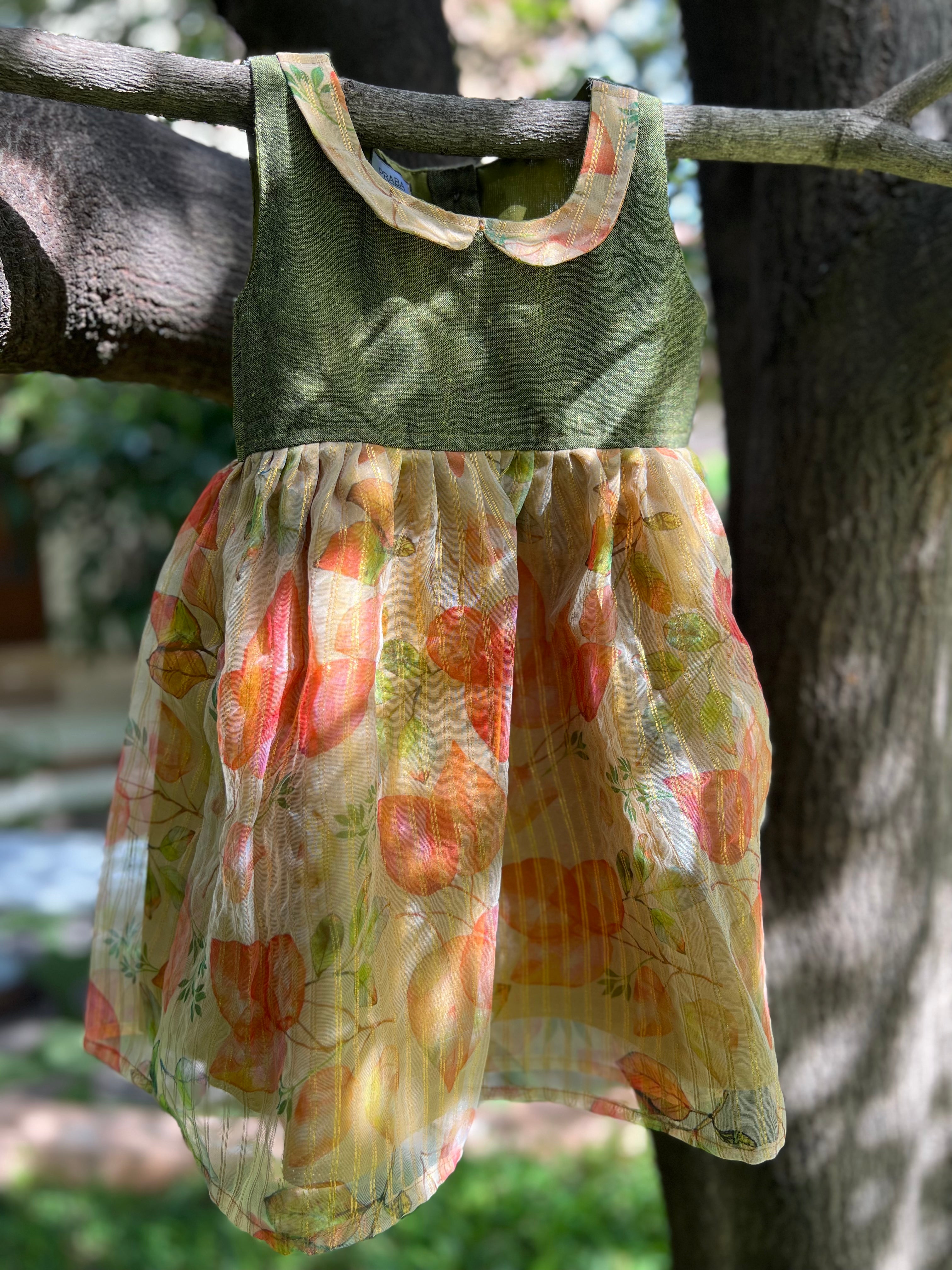 Golden green floral organza frock