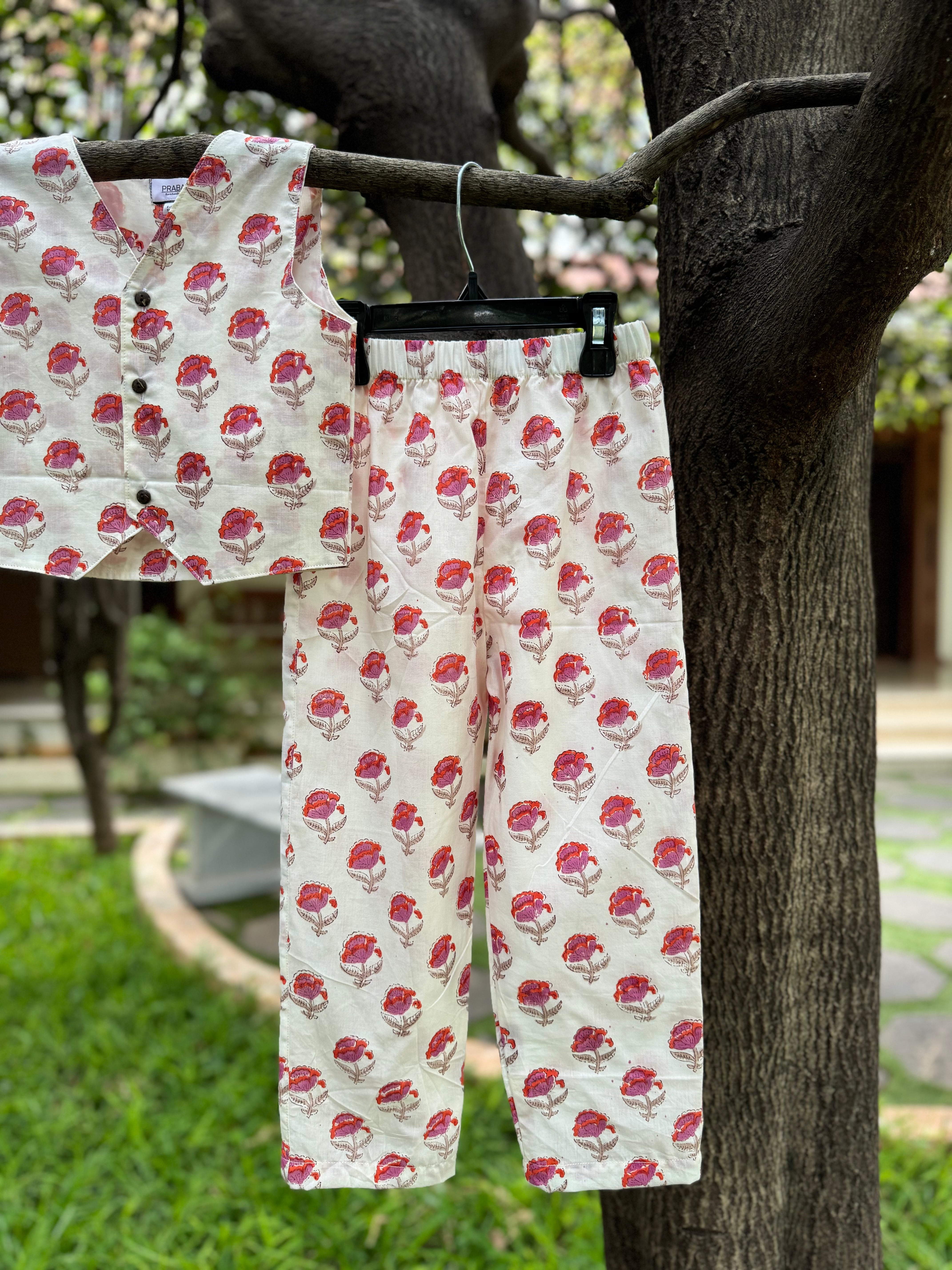 2 Piece Red Floral Waistcoat & Pant Set