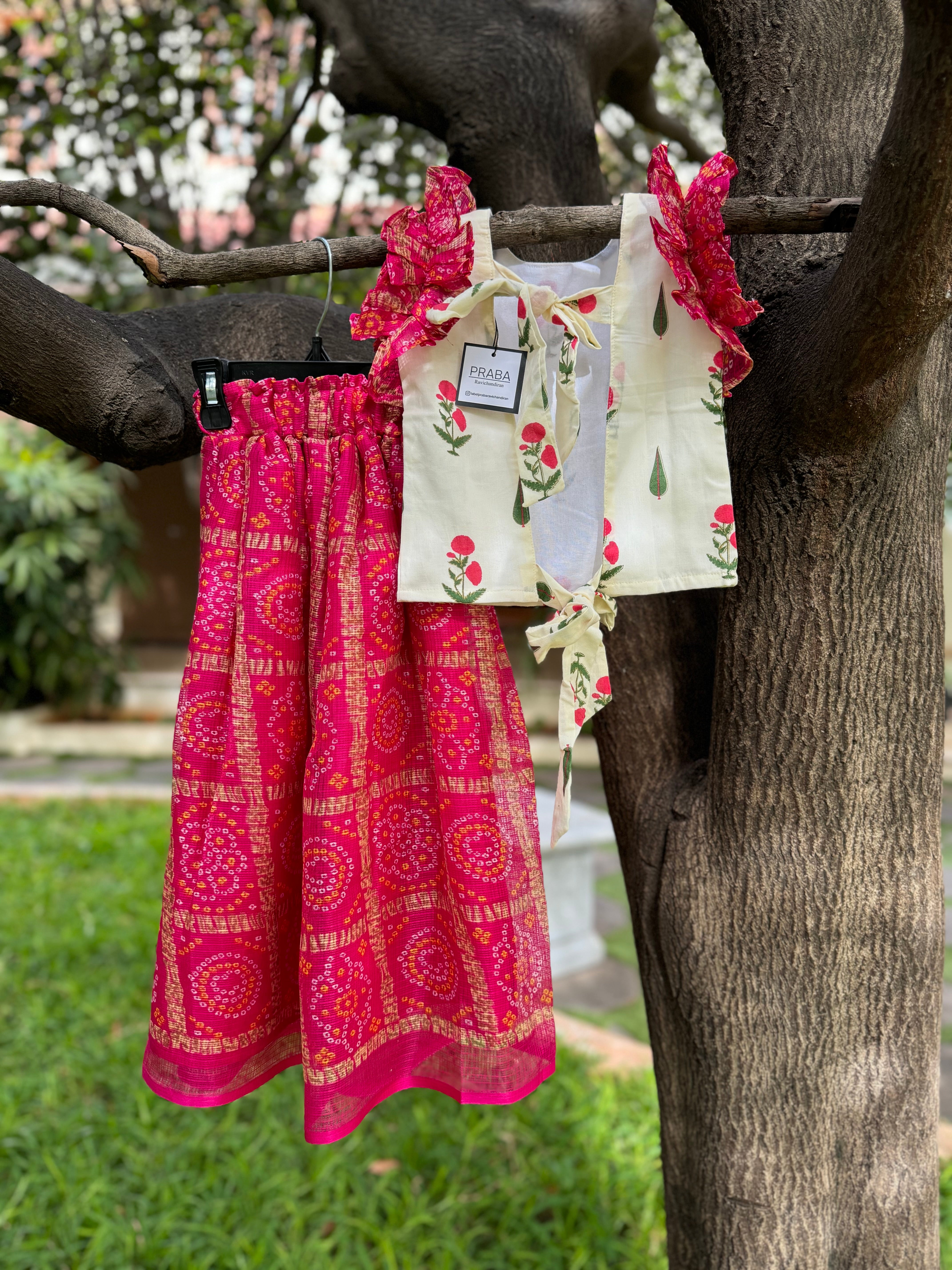 Cream Top & Pink Full Skirt