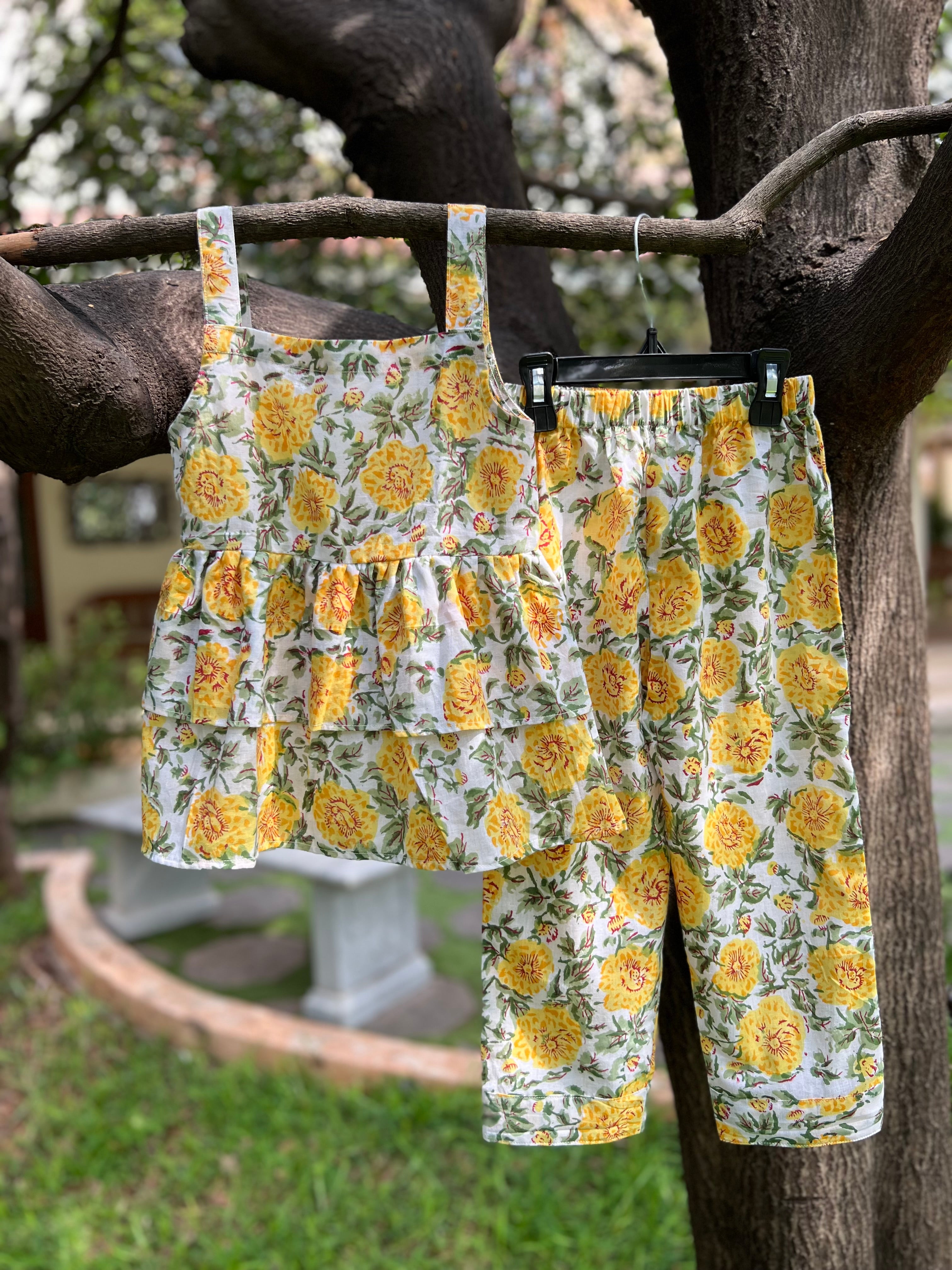 Yellow Floral Double layer top Full pant