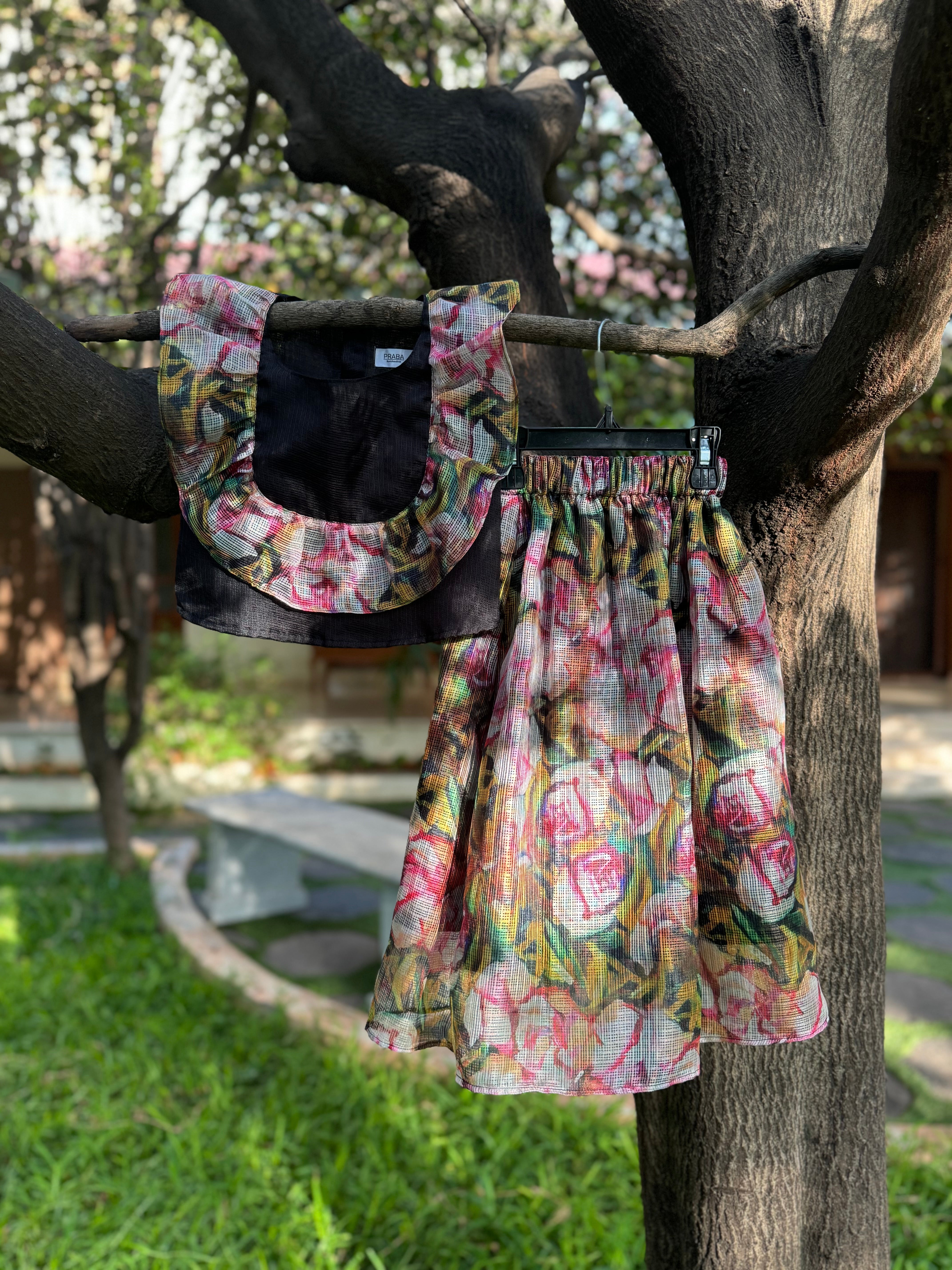 Black Floral Kota Skirt Set