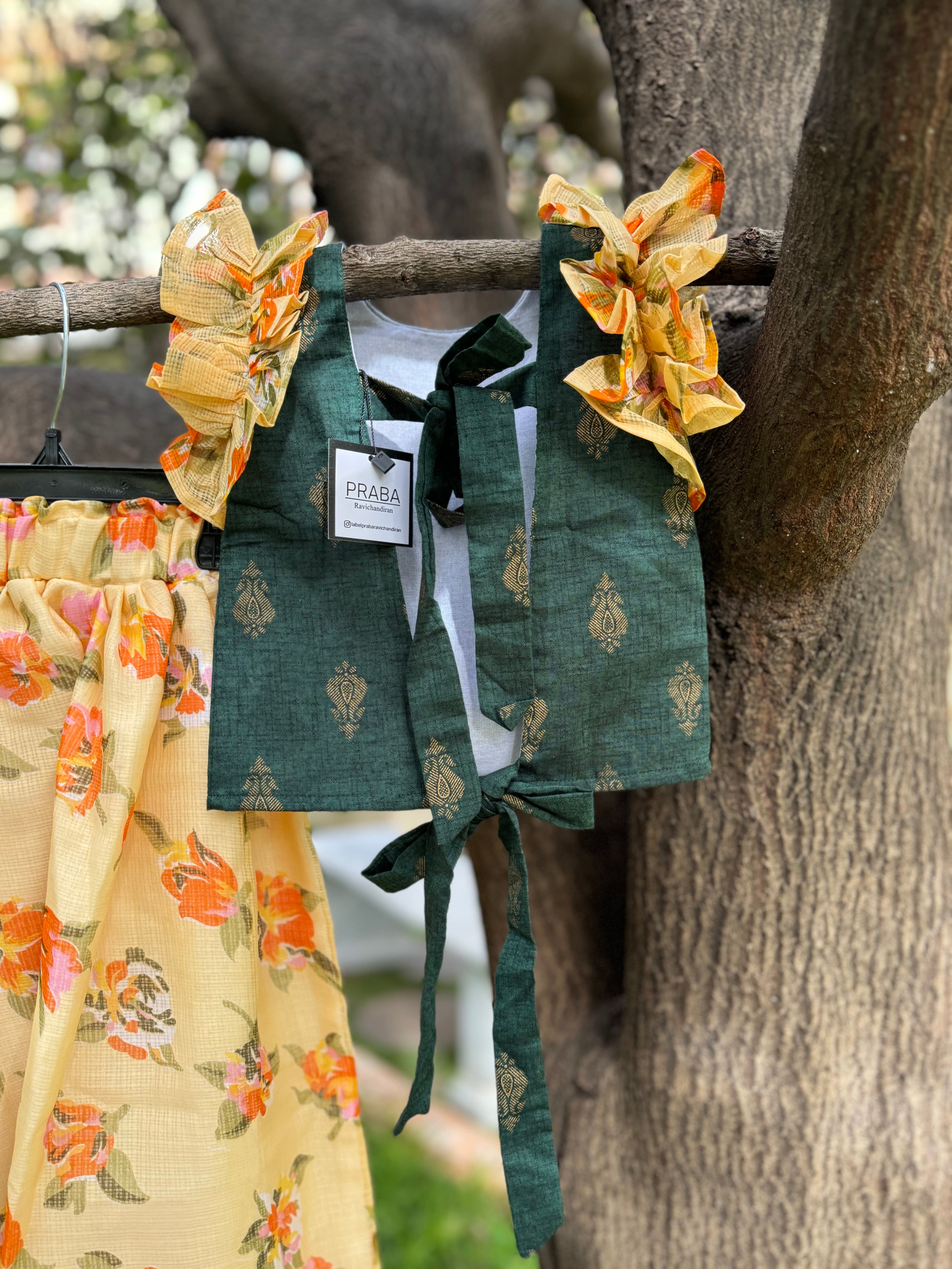 Bottle Green Top & Yellow Floral Full Skirt