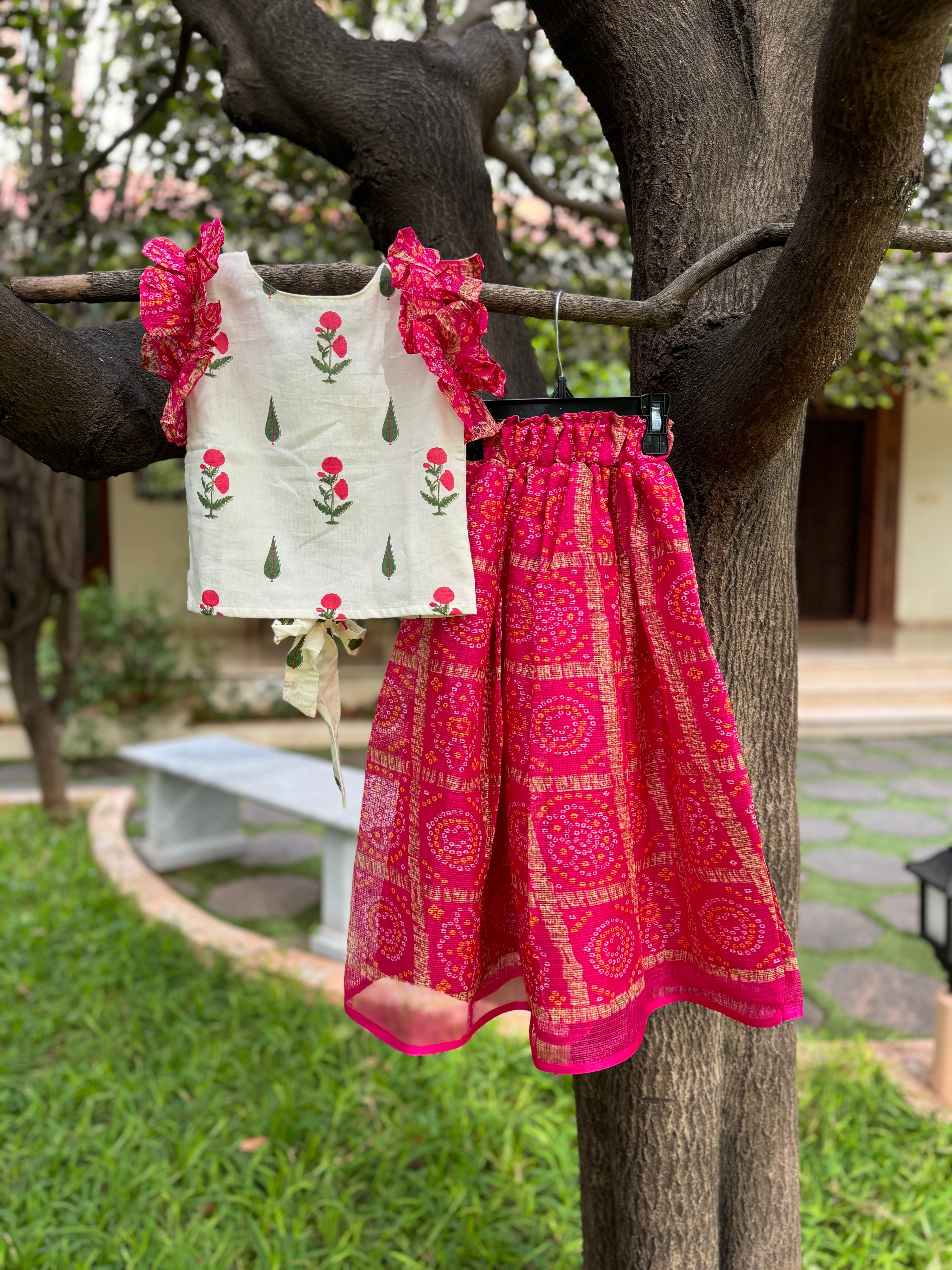 Cream Top & Pink Full Skirt