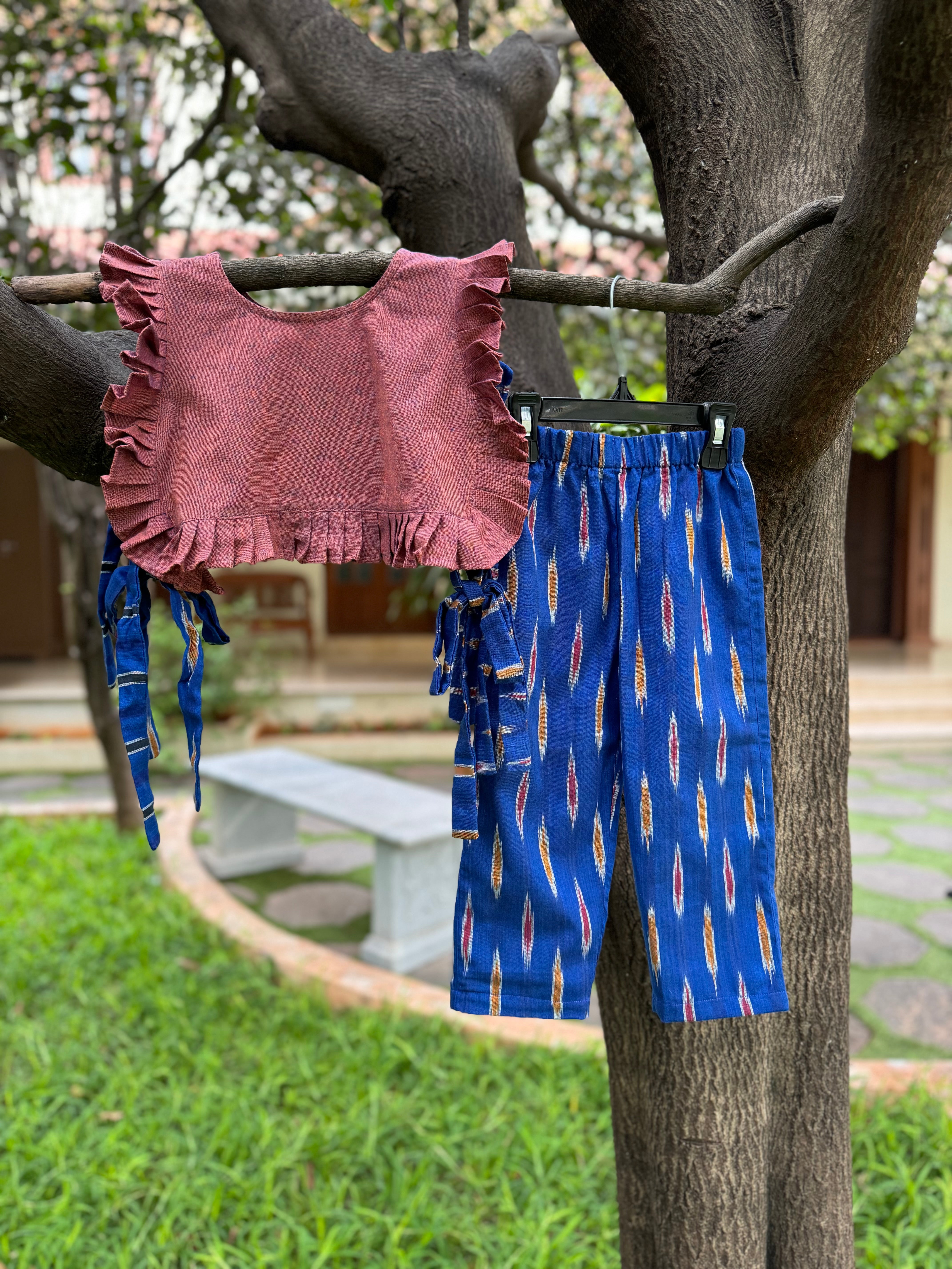 Burgundy color Top & Blue full pant, side open top, tie to secure.