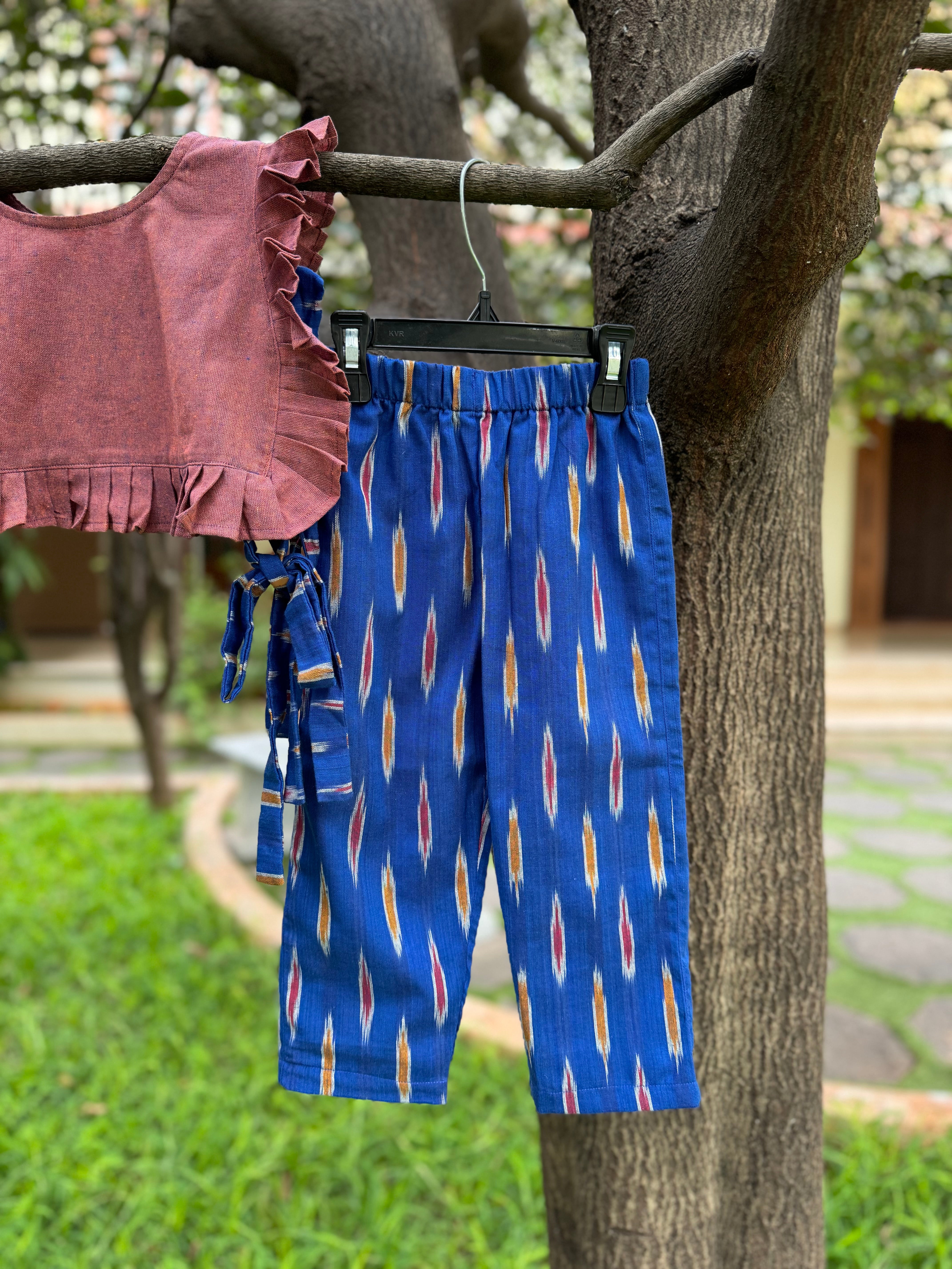 Burgundy color Top & Blue full pant, side open top, tie to secure.