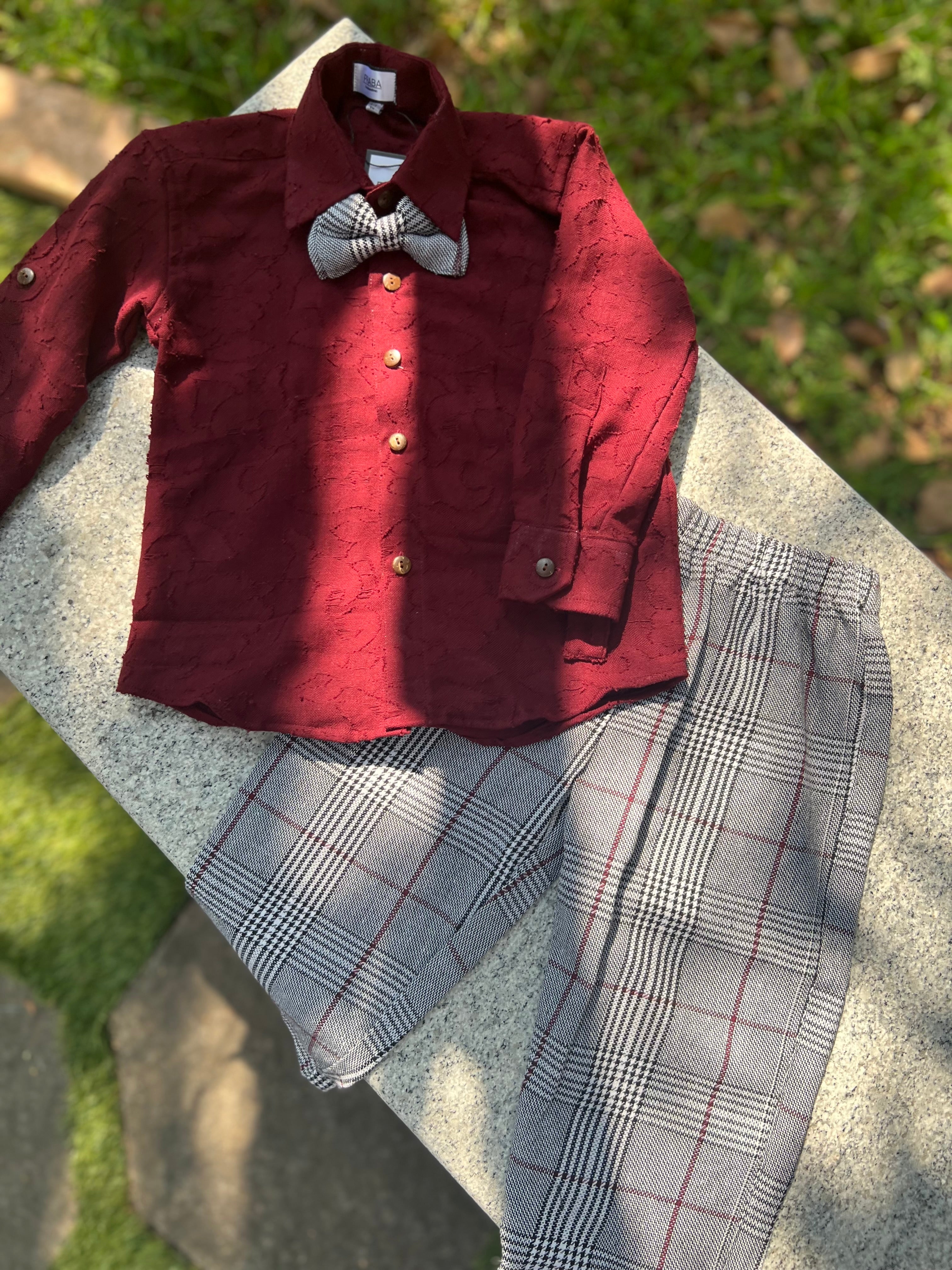 Maroon shirt and stripped Trousers 3 Piece Bow set