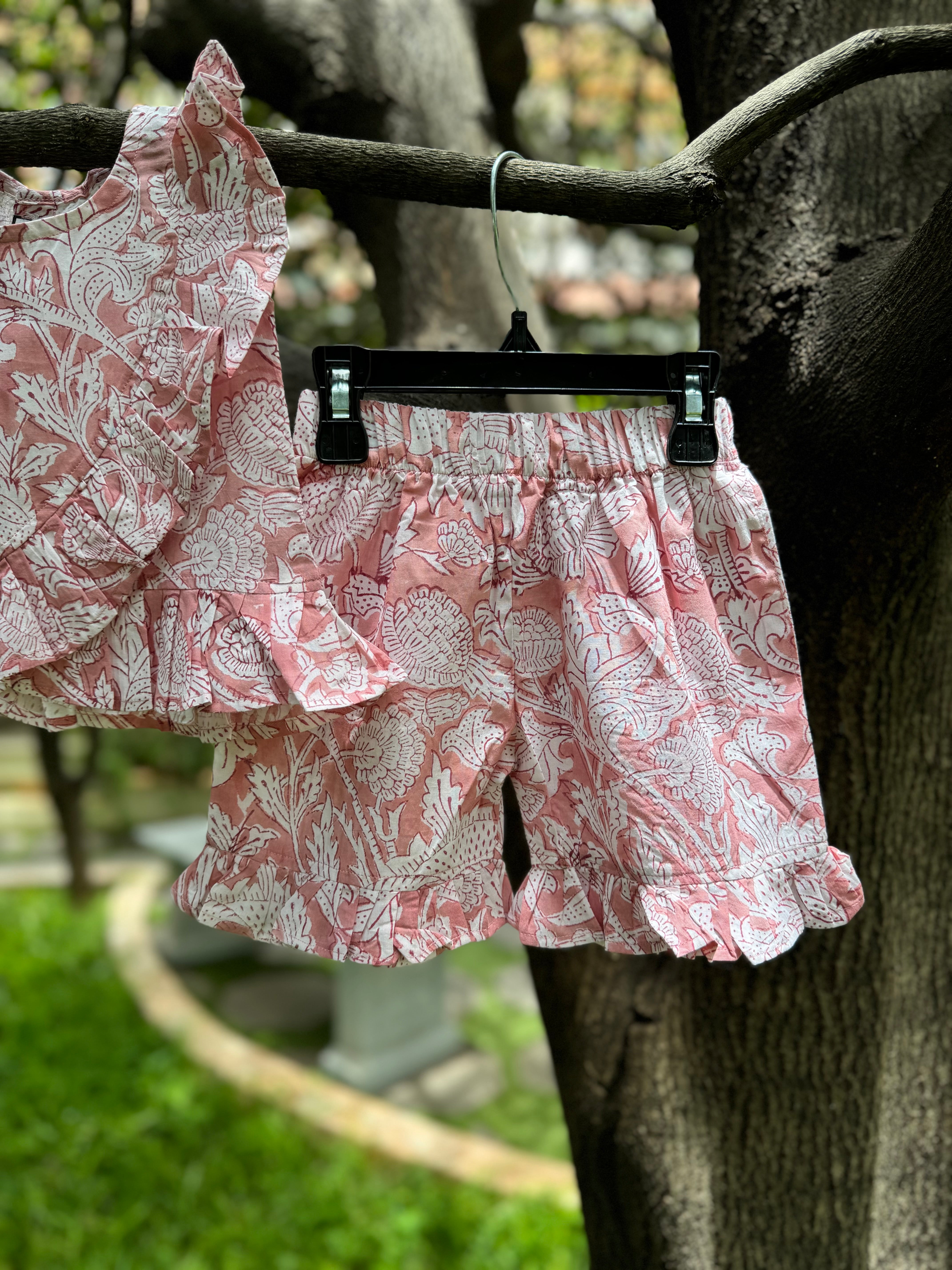 Pink & White Ruffled Top and Shorts Set