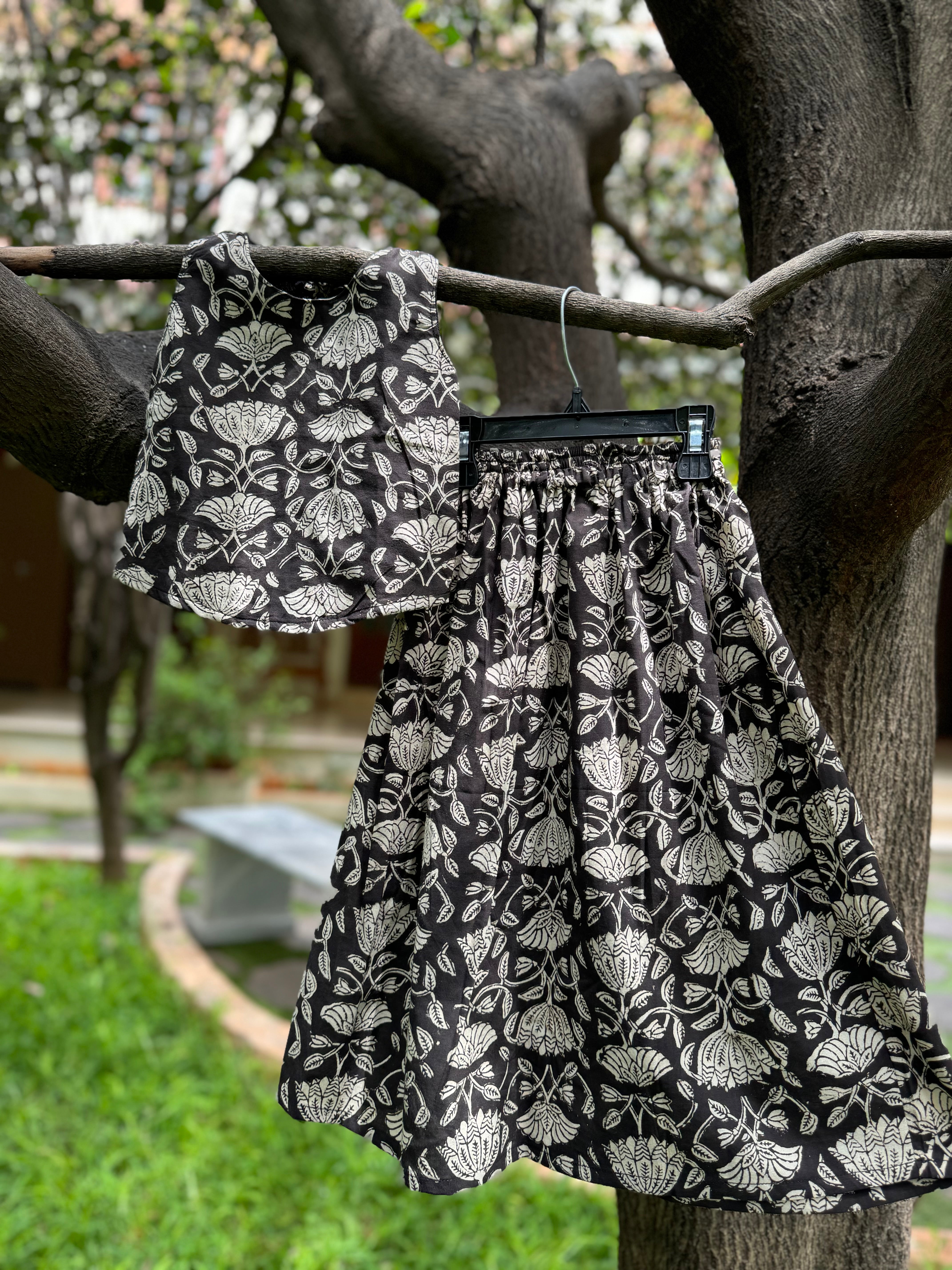 Black & Black Floral Full Skirt Set