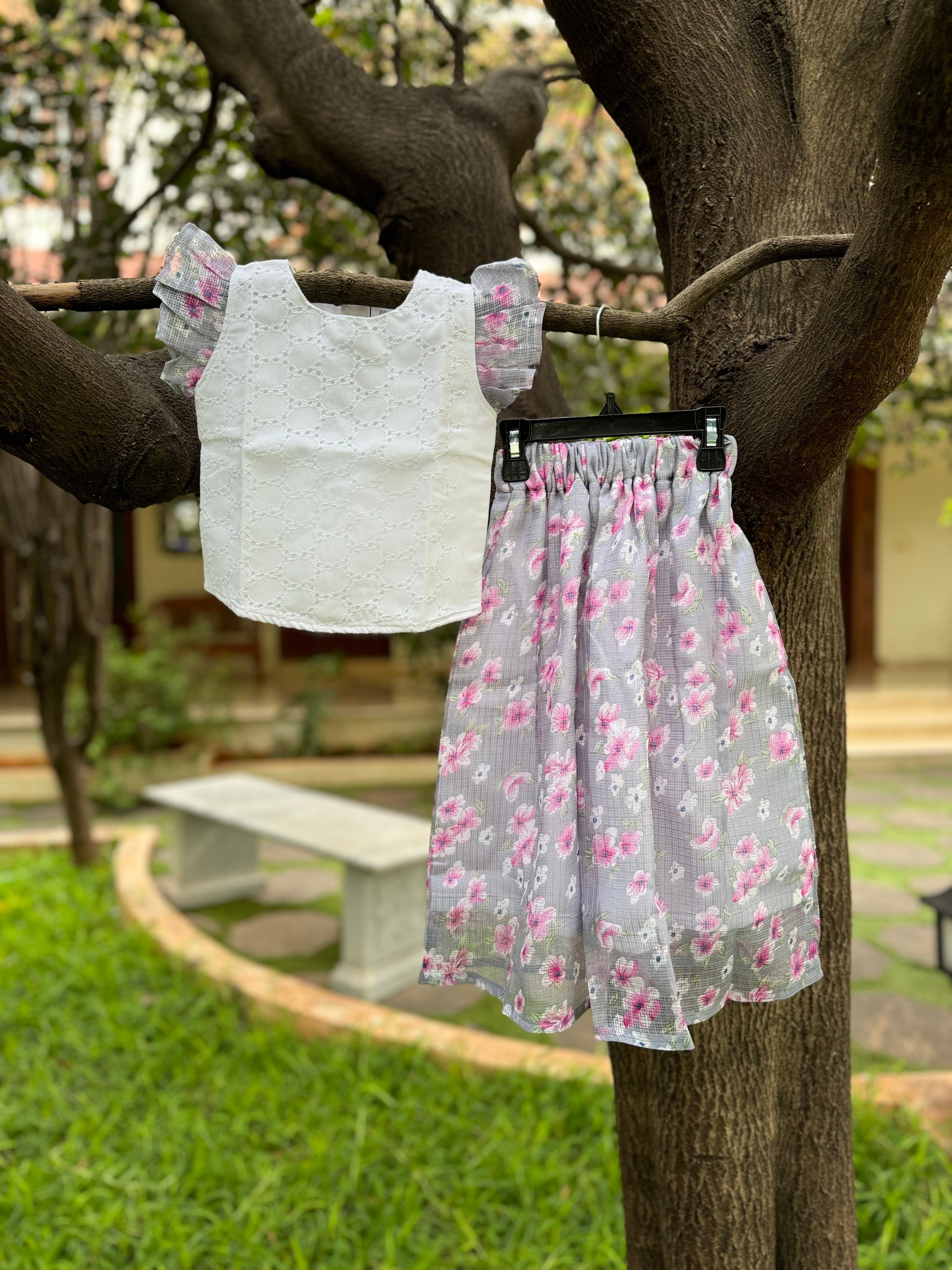 White Crop Top & Grey Kota Full Skirt