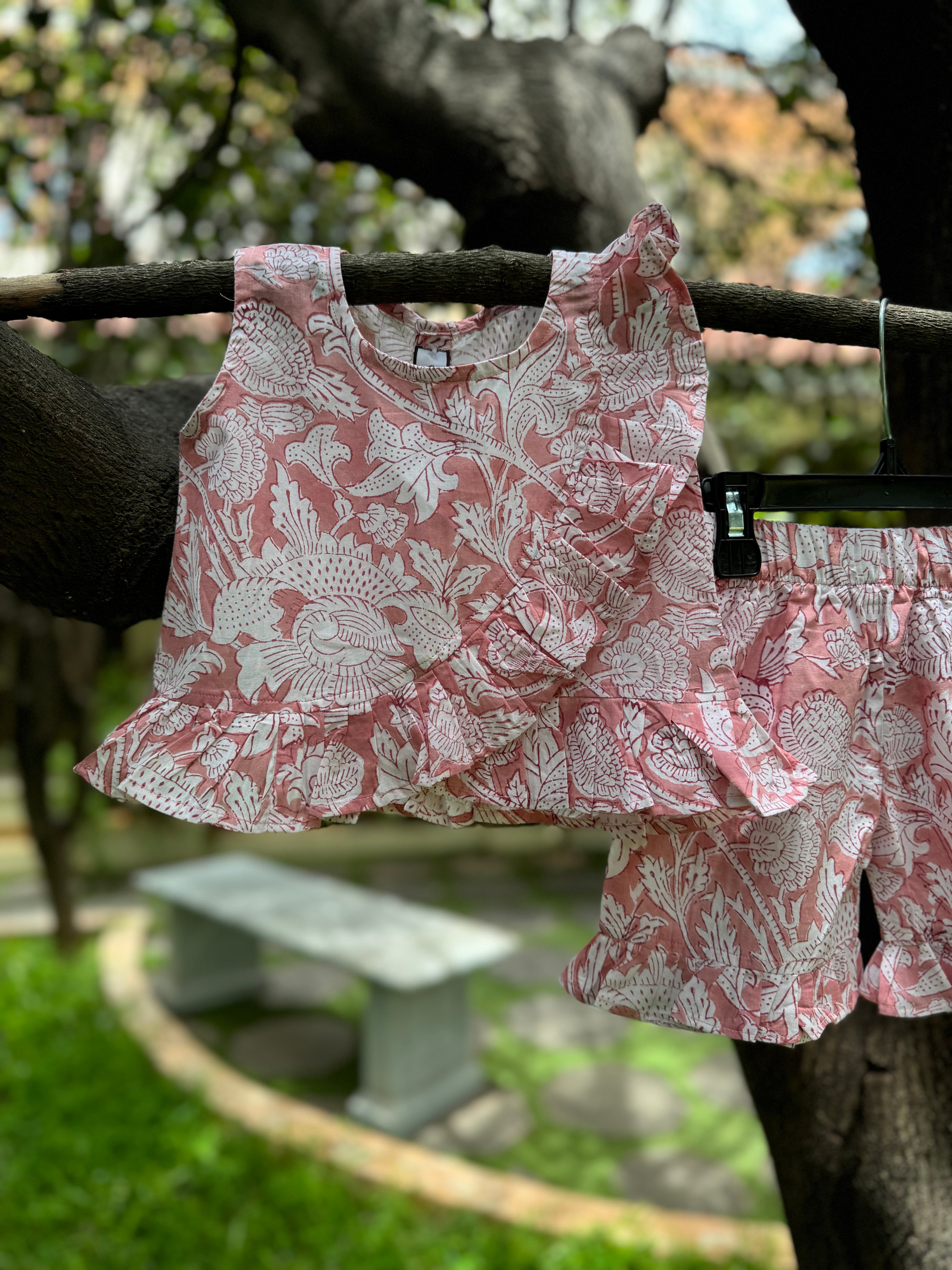 Pink & White Ruffled Top and Shorts Set