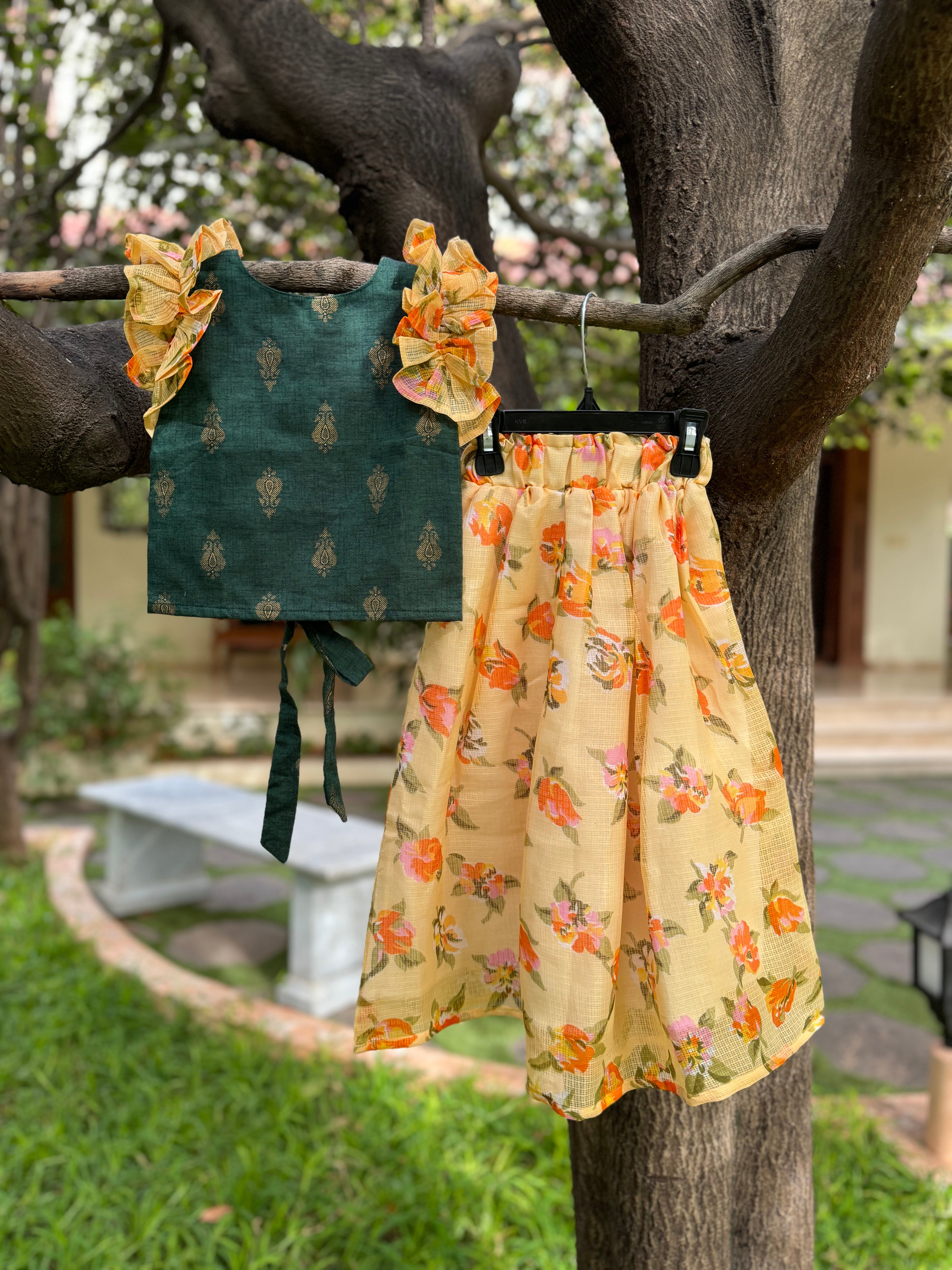 Bottle Green Top & Yellow Floral Full Skirt