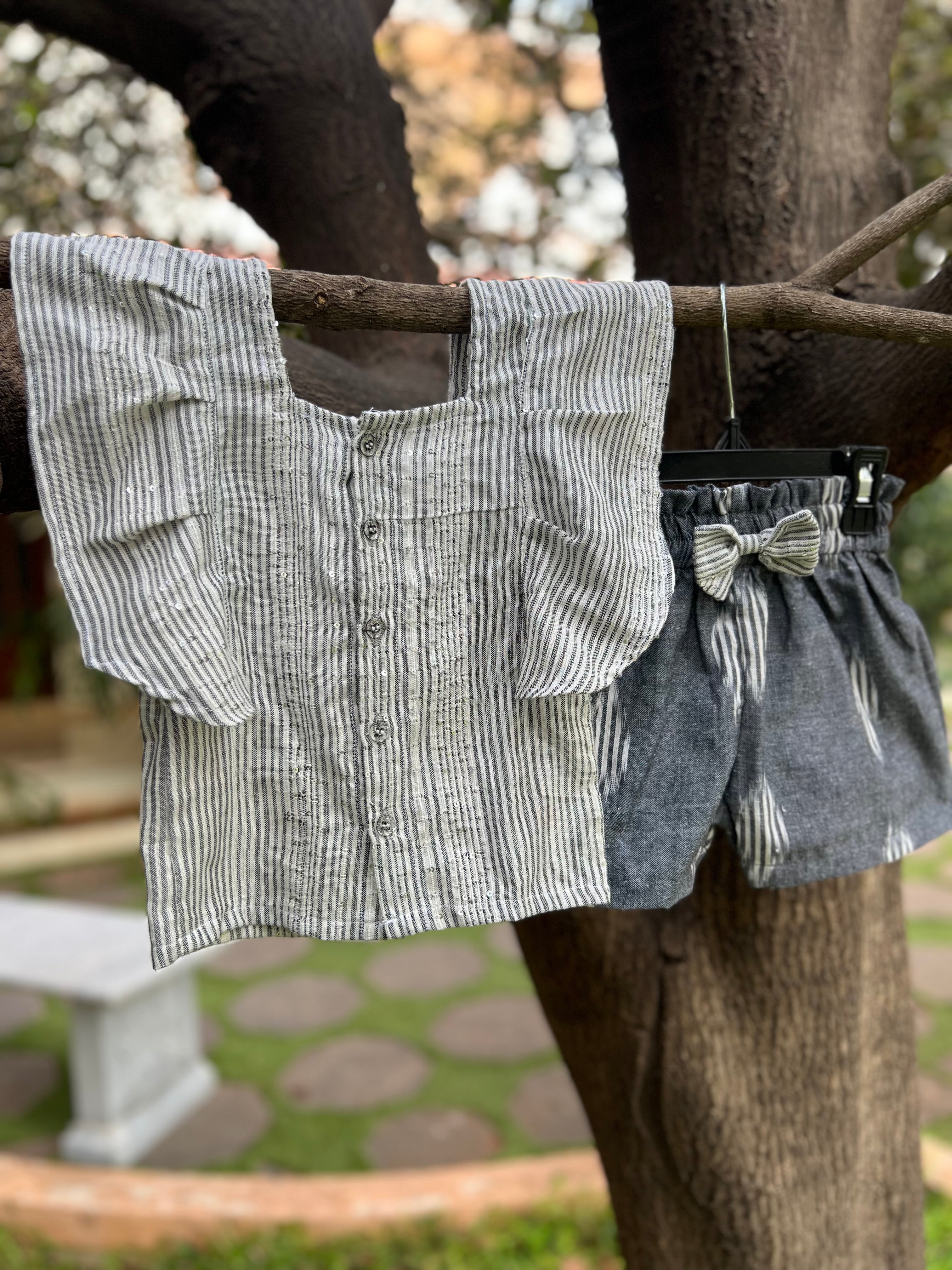 Grey stripes Top & Shorts with bow
