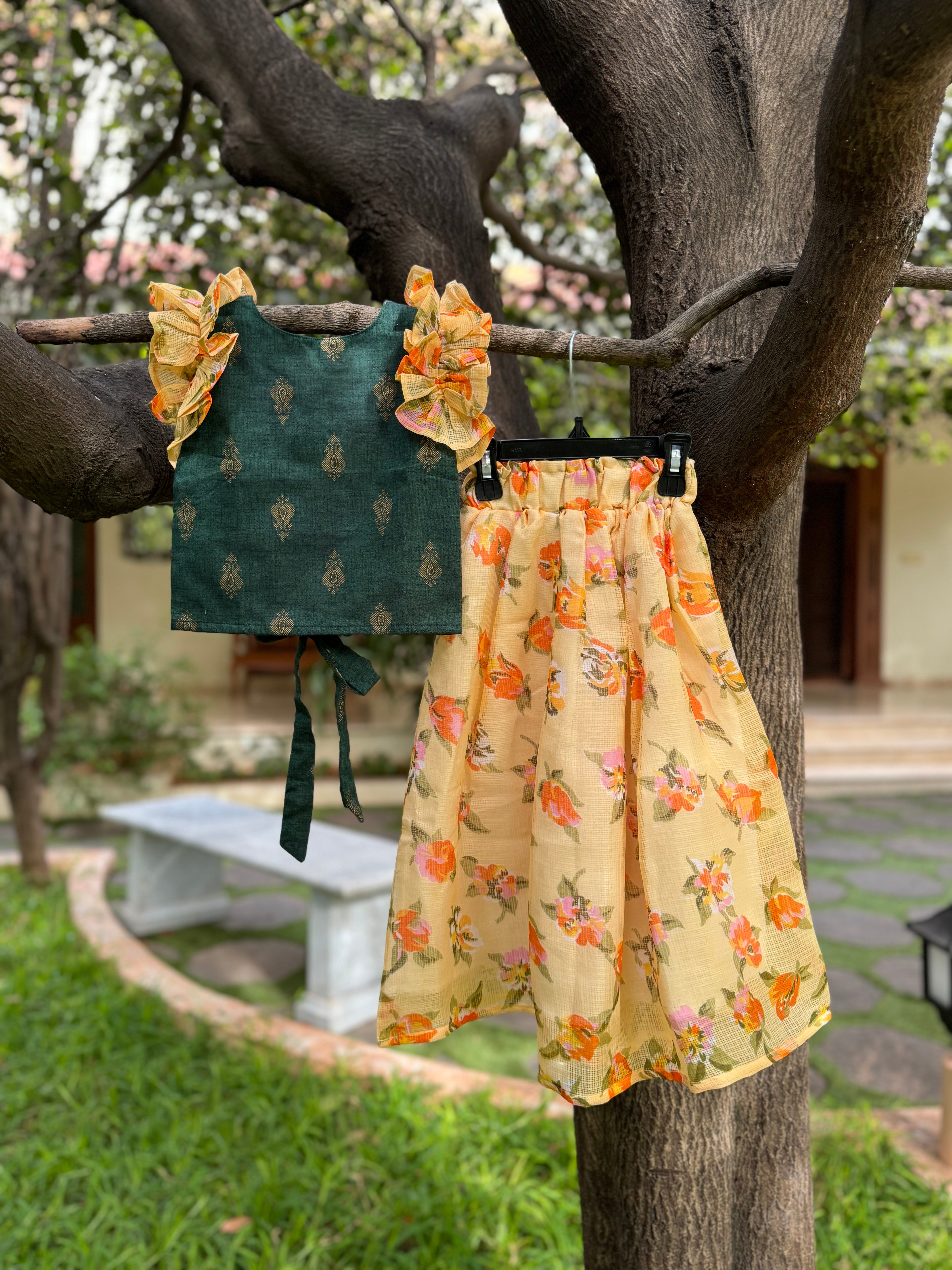 Bottle Green Top & Yellow Floral Full Skirt