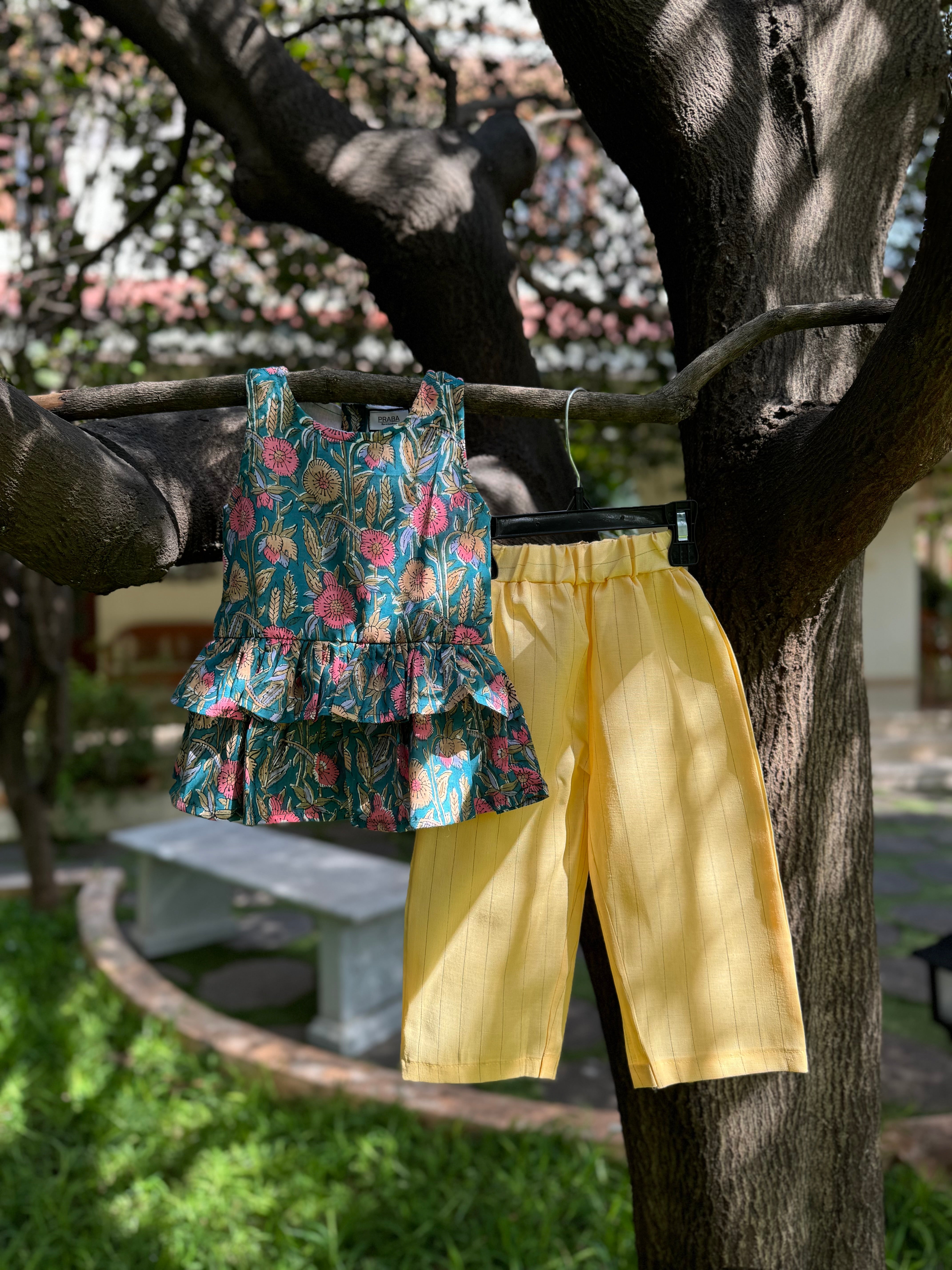 Floral Top & Yellow strip pant