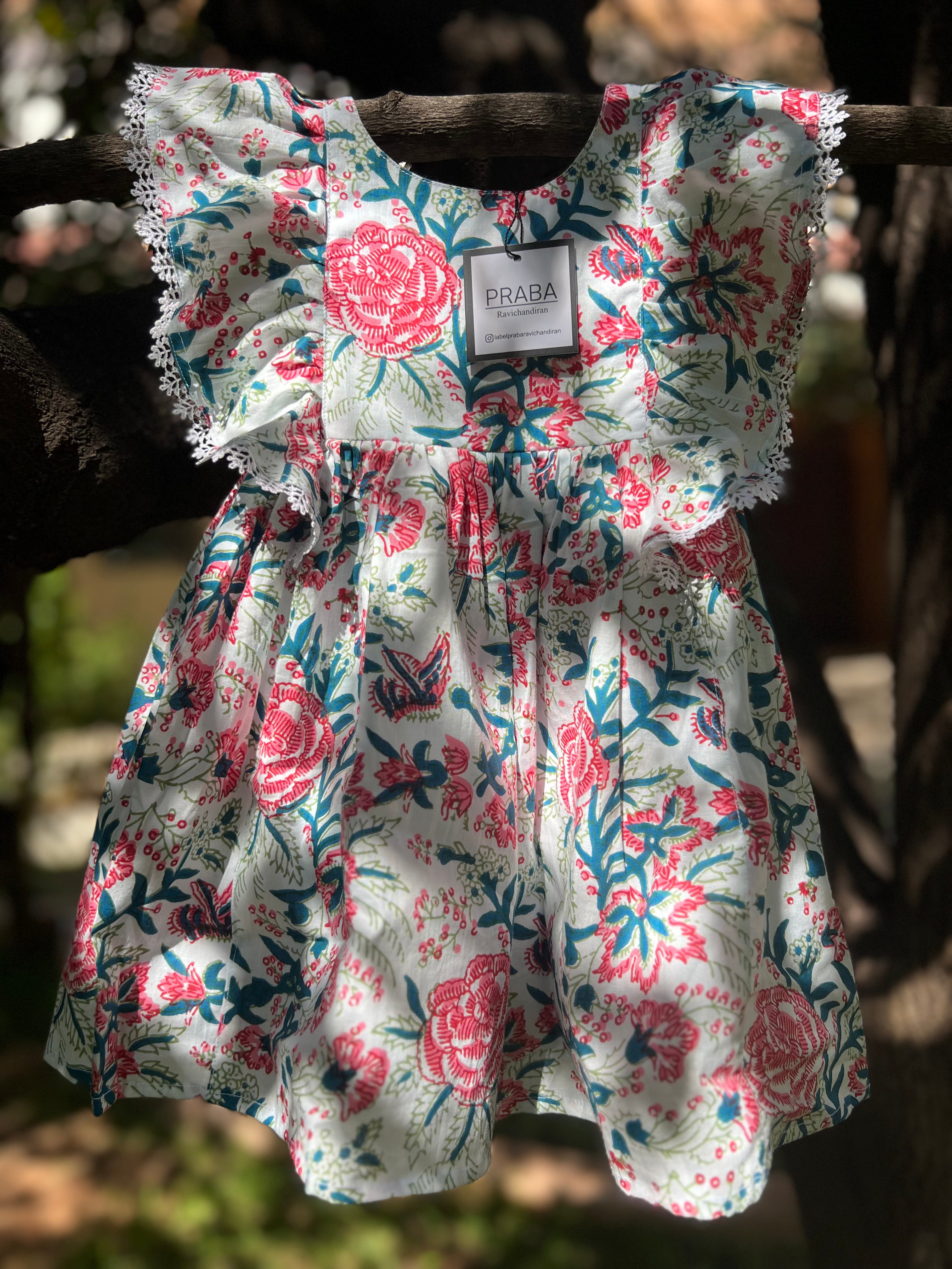Pink & Blue Floral Dress (Double lining)