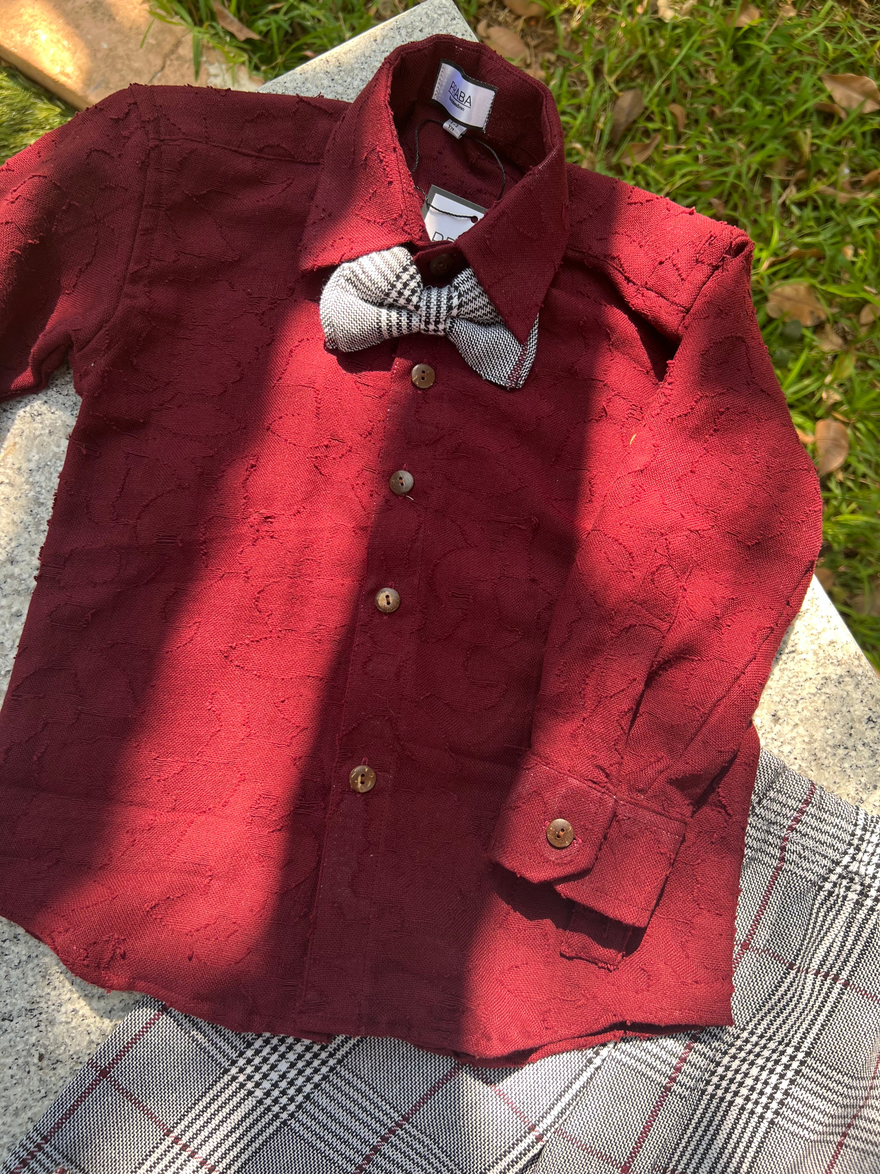 Maroon shirt and stripped Trousers 3 Piece Bow set