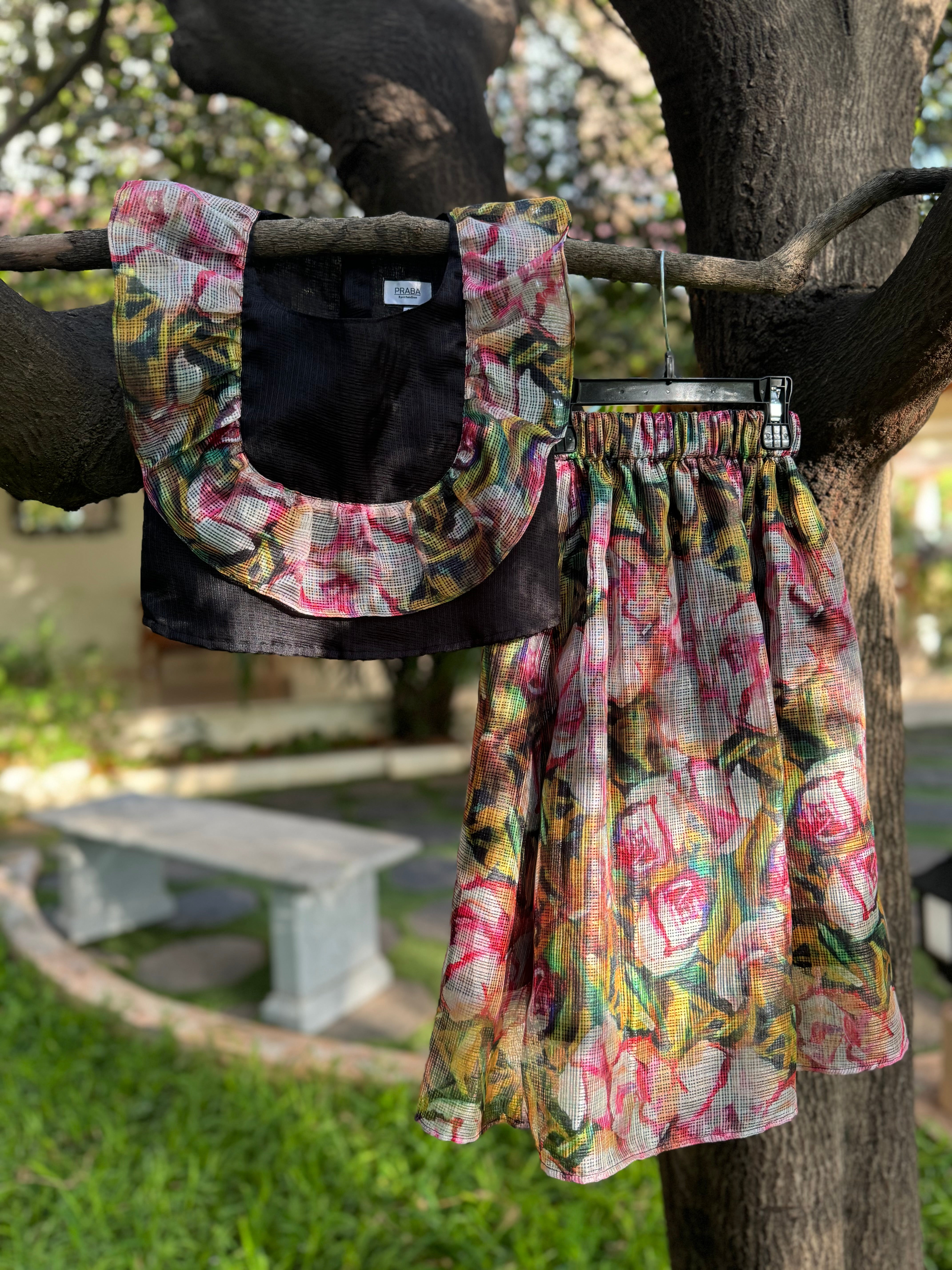 Black Floral Kota Full Skirt Set