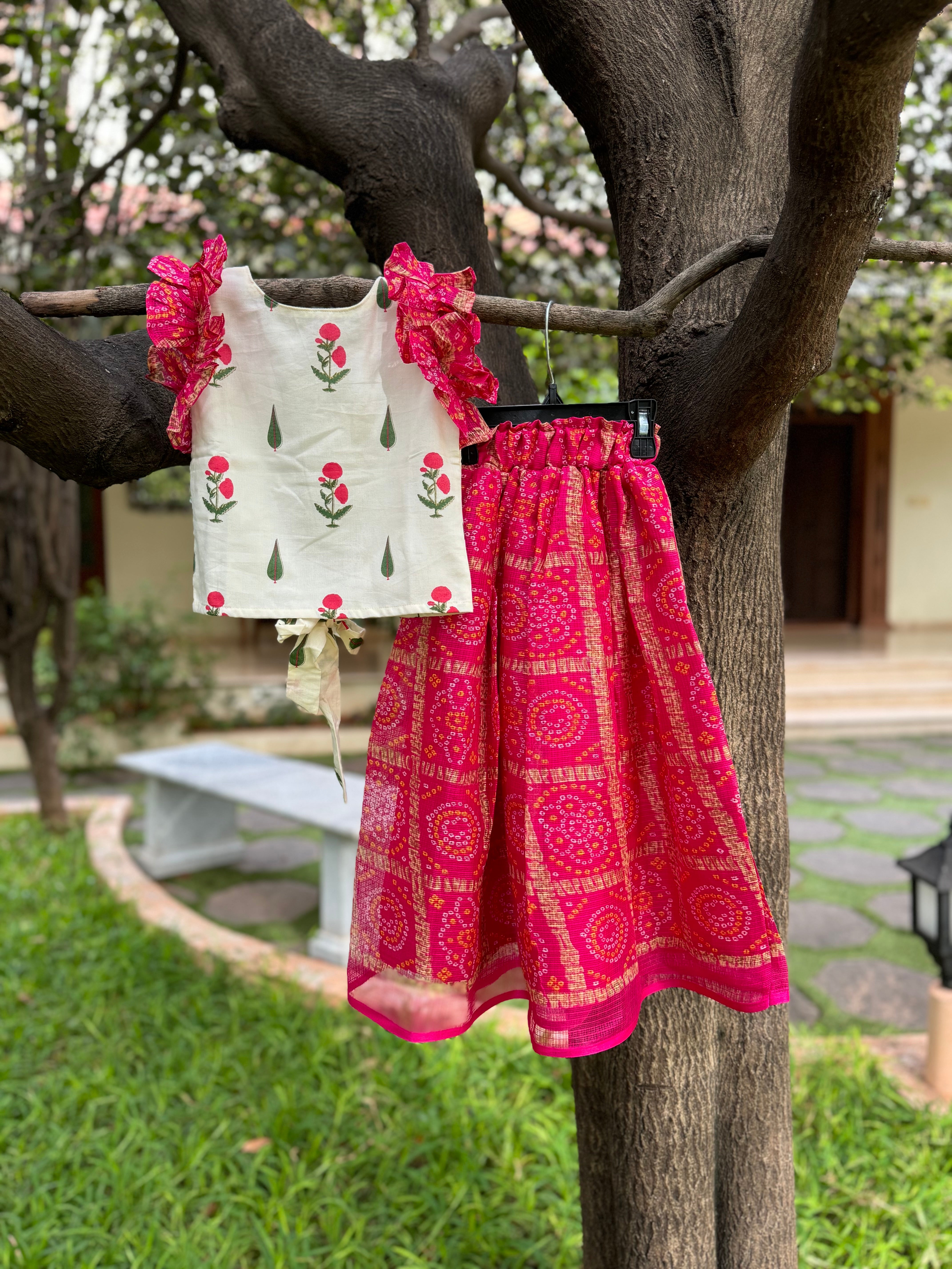 Cream Top & Pink Full Skirt