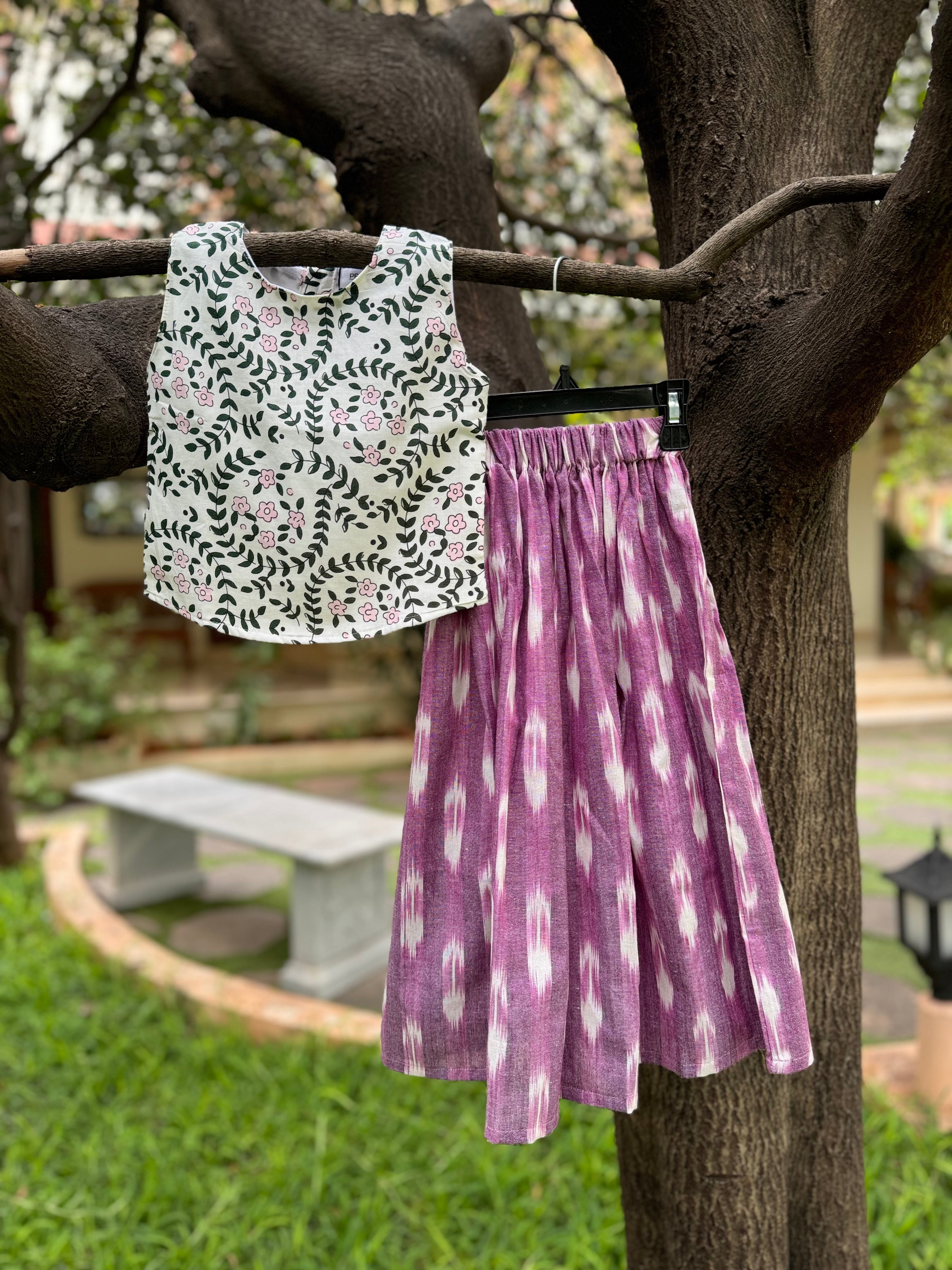 Floral Pink Crop Top & Pink Full Skirt Set