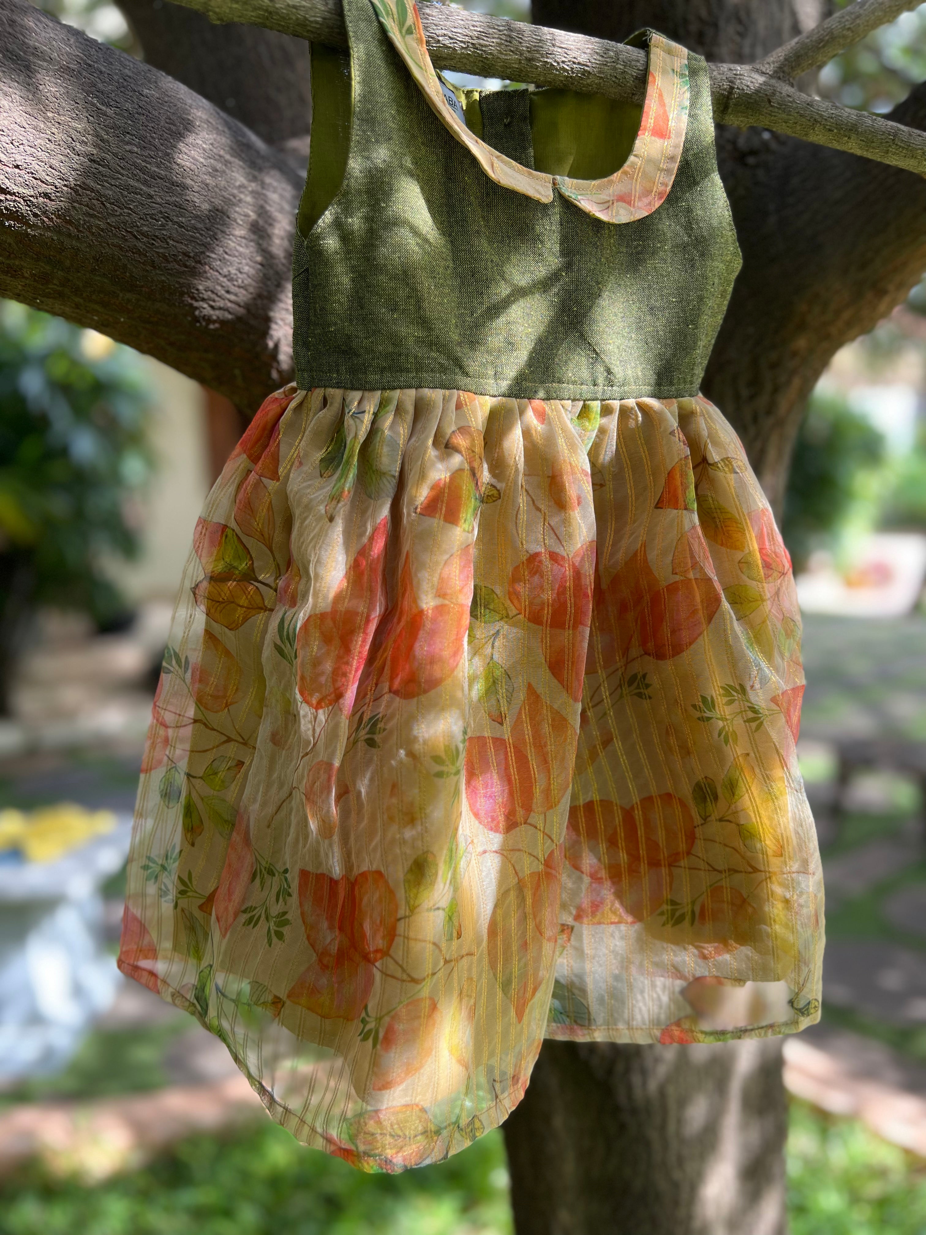 Golden green floral organza frock