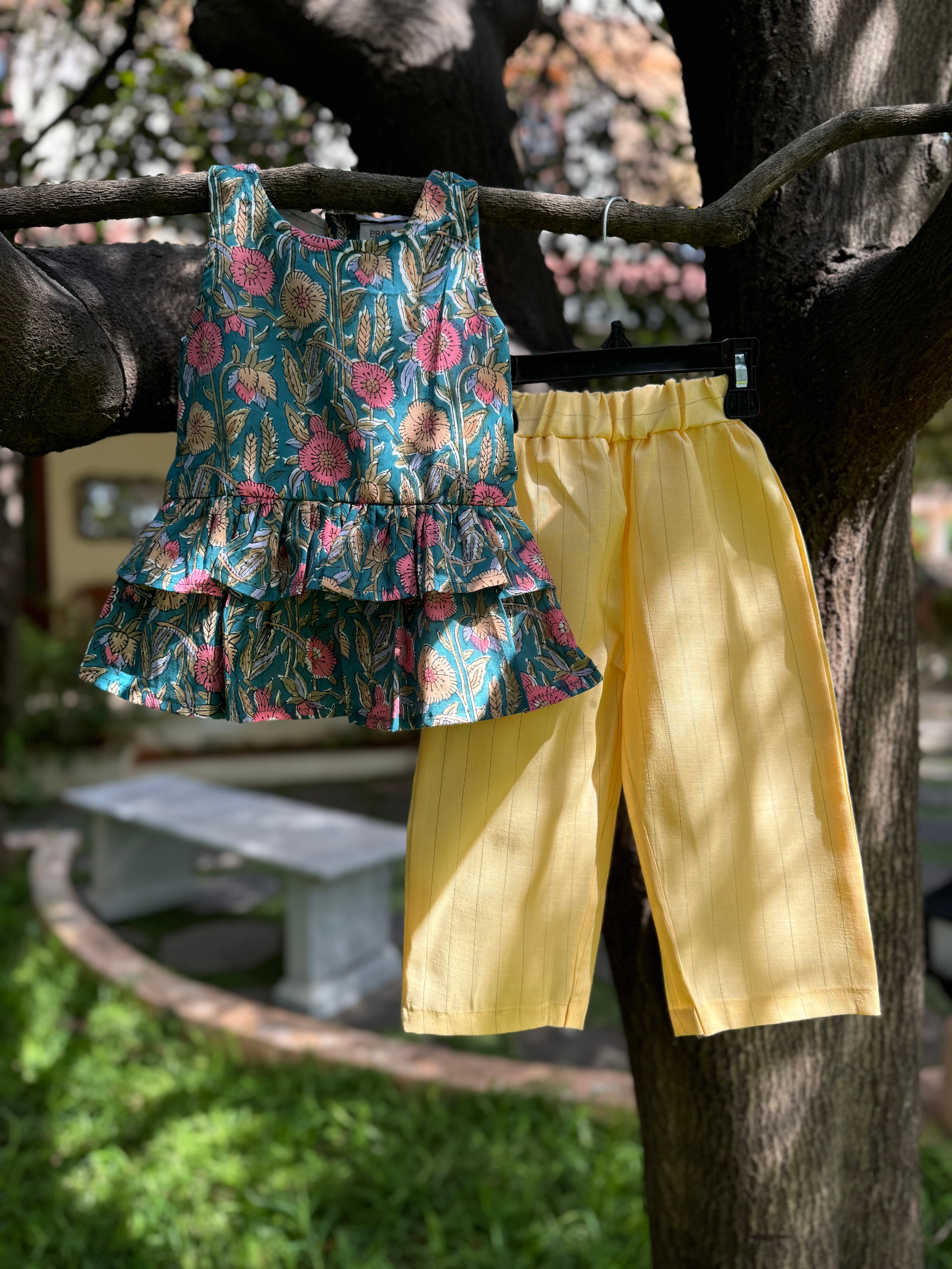 Floral Top & Yellow strip pant