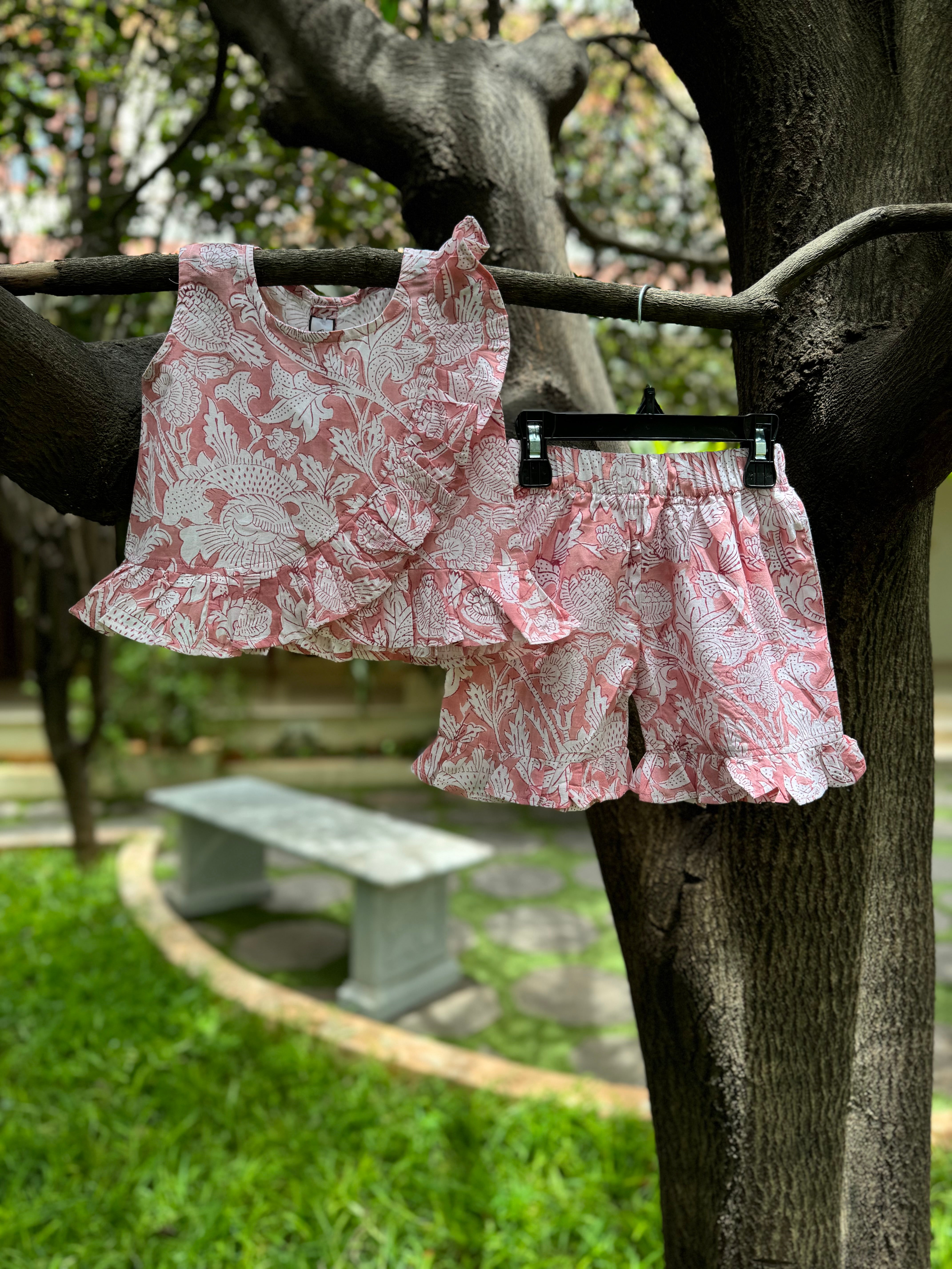 Pink & White Ruffled Top and Shorts Set