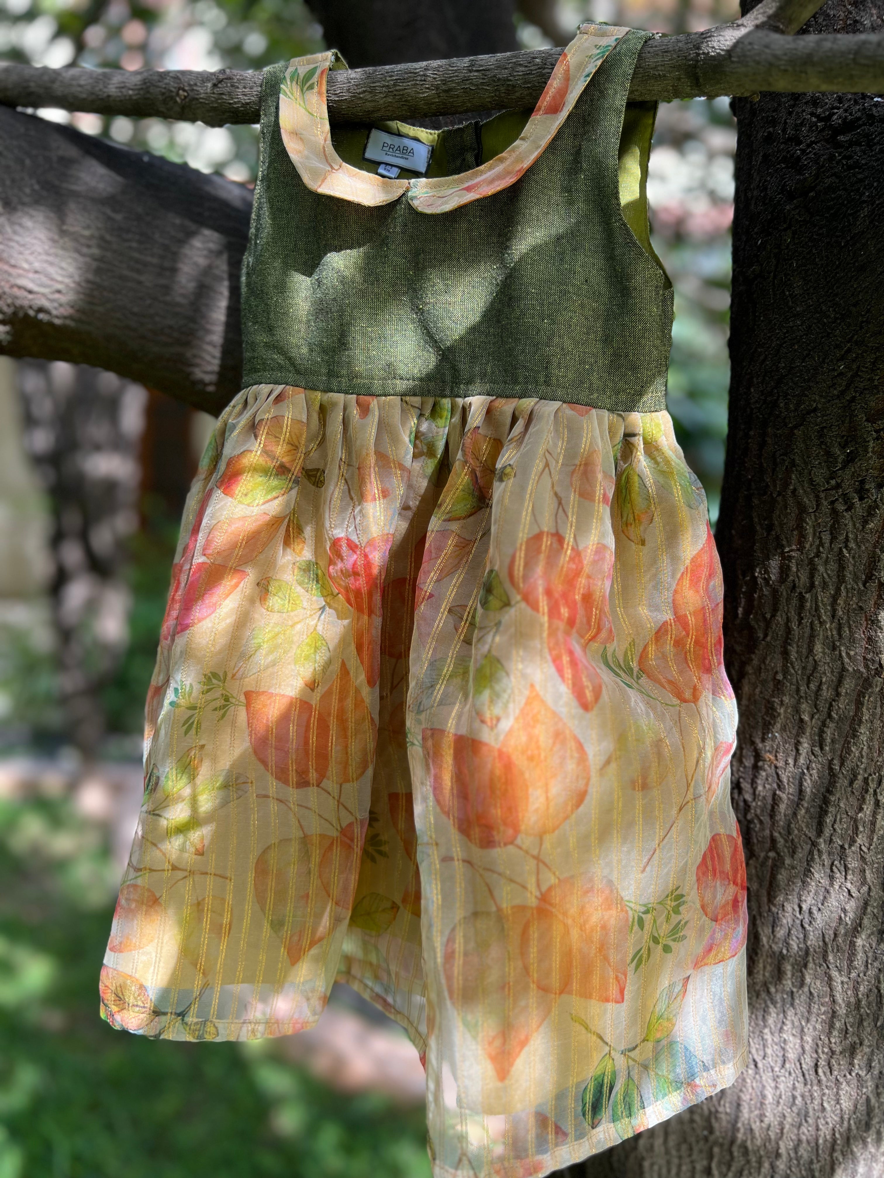 Golden green floral organza frock