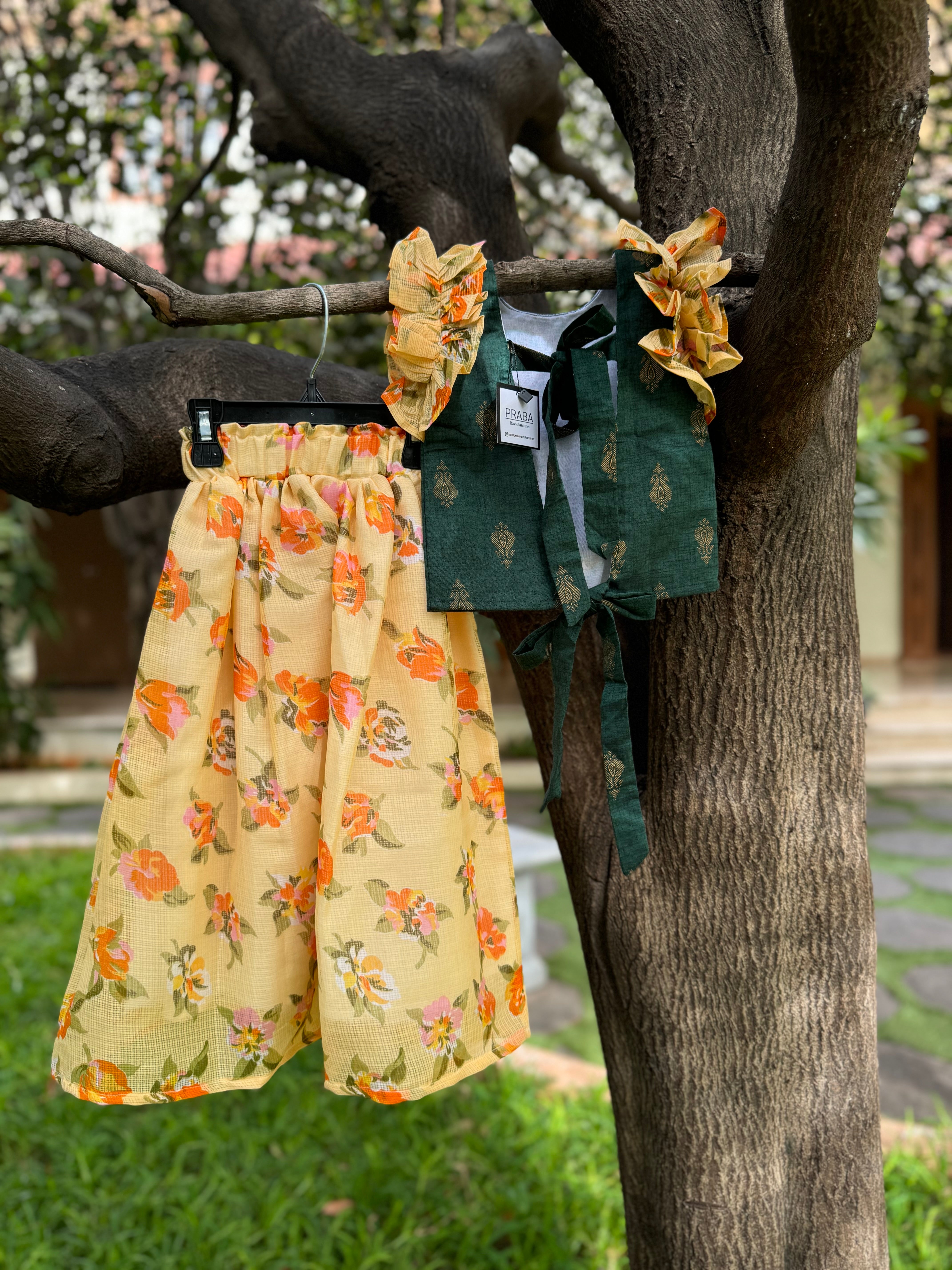 Bottle Green Top & Yellow Floral Full Skirt