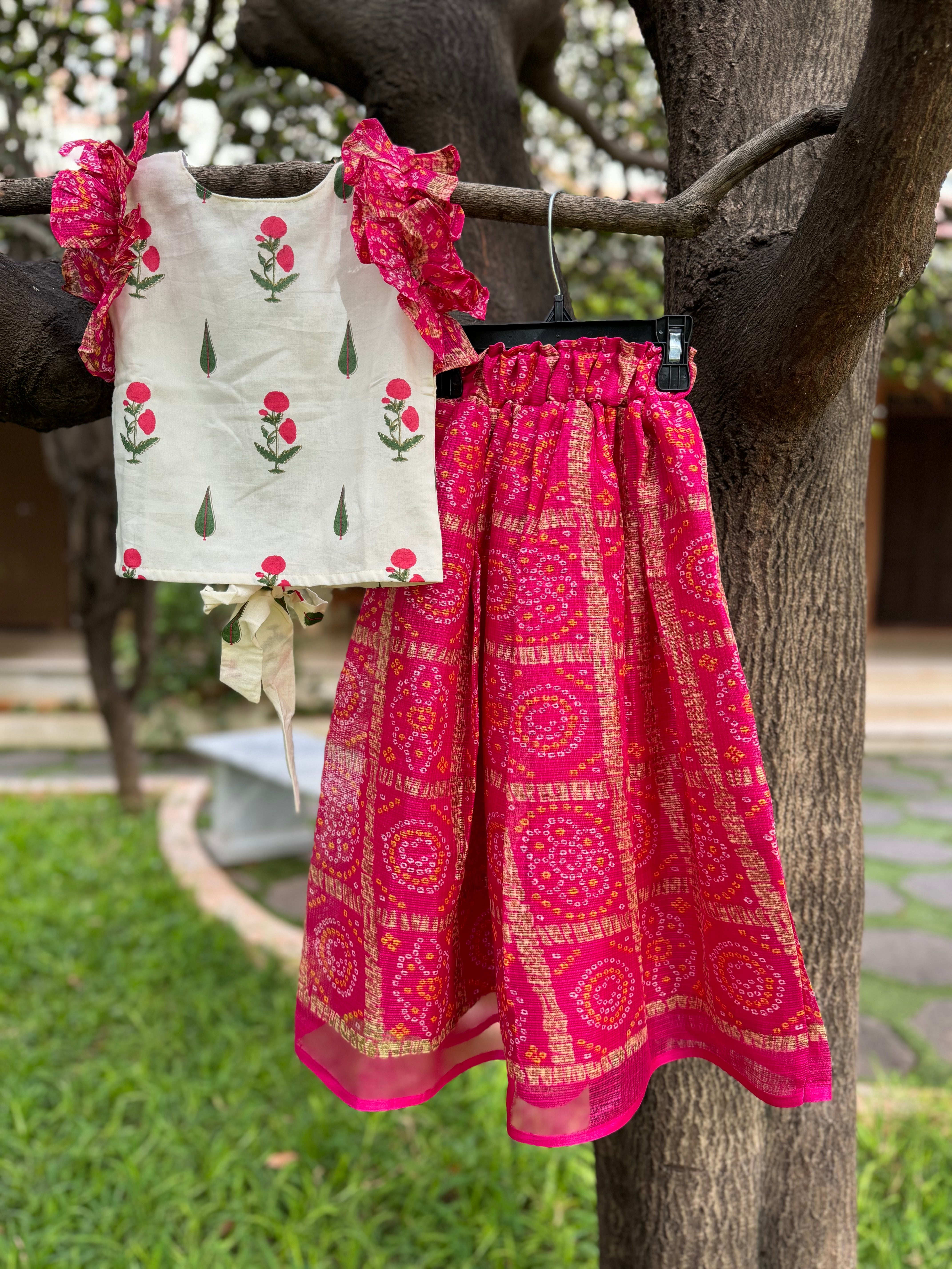 Cream Top & Pink Full Skirt