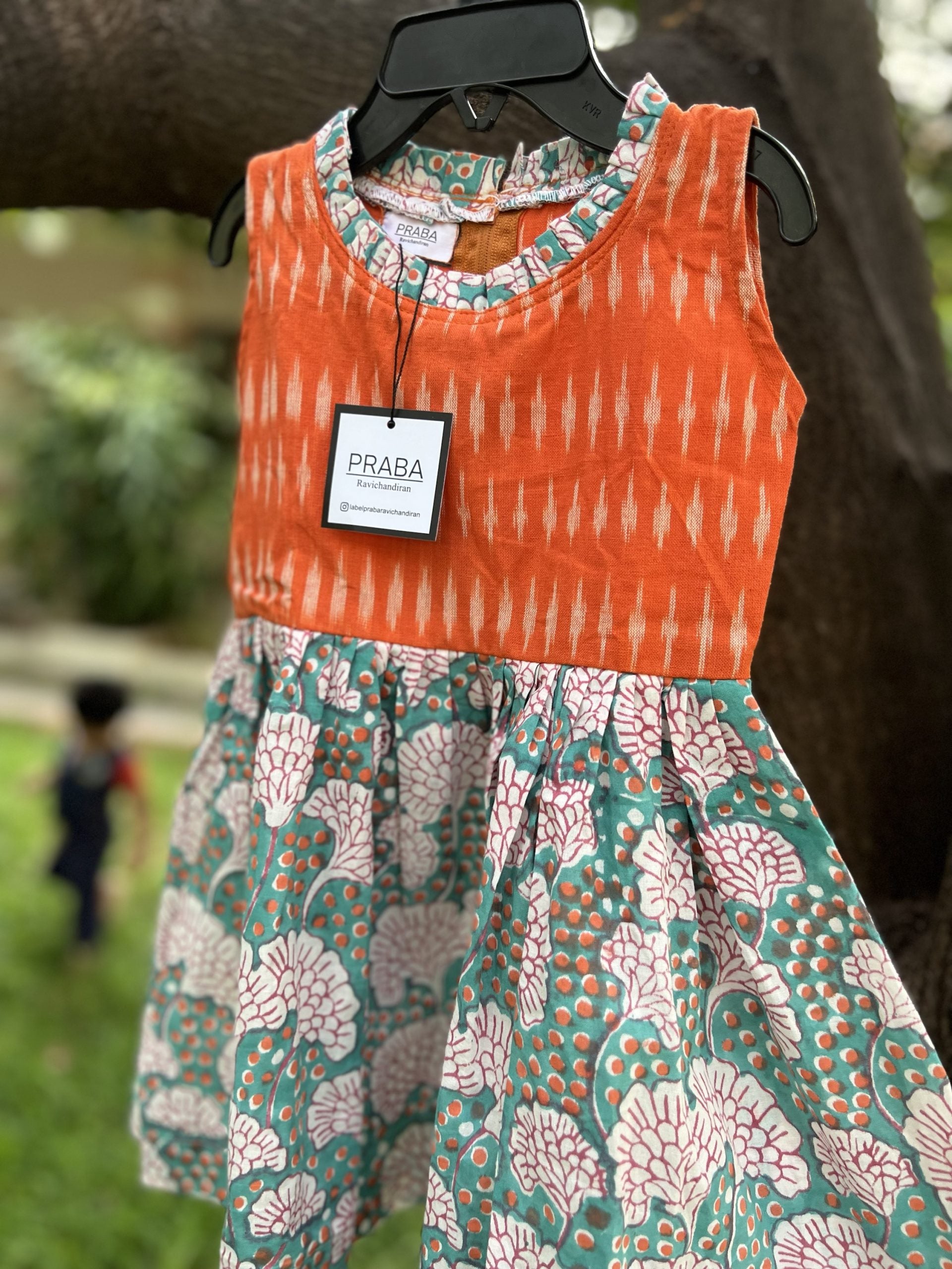 Green and Orange Floral Print Tiered Frock